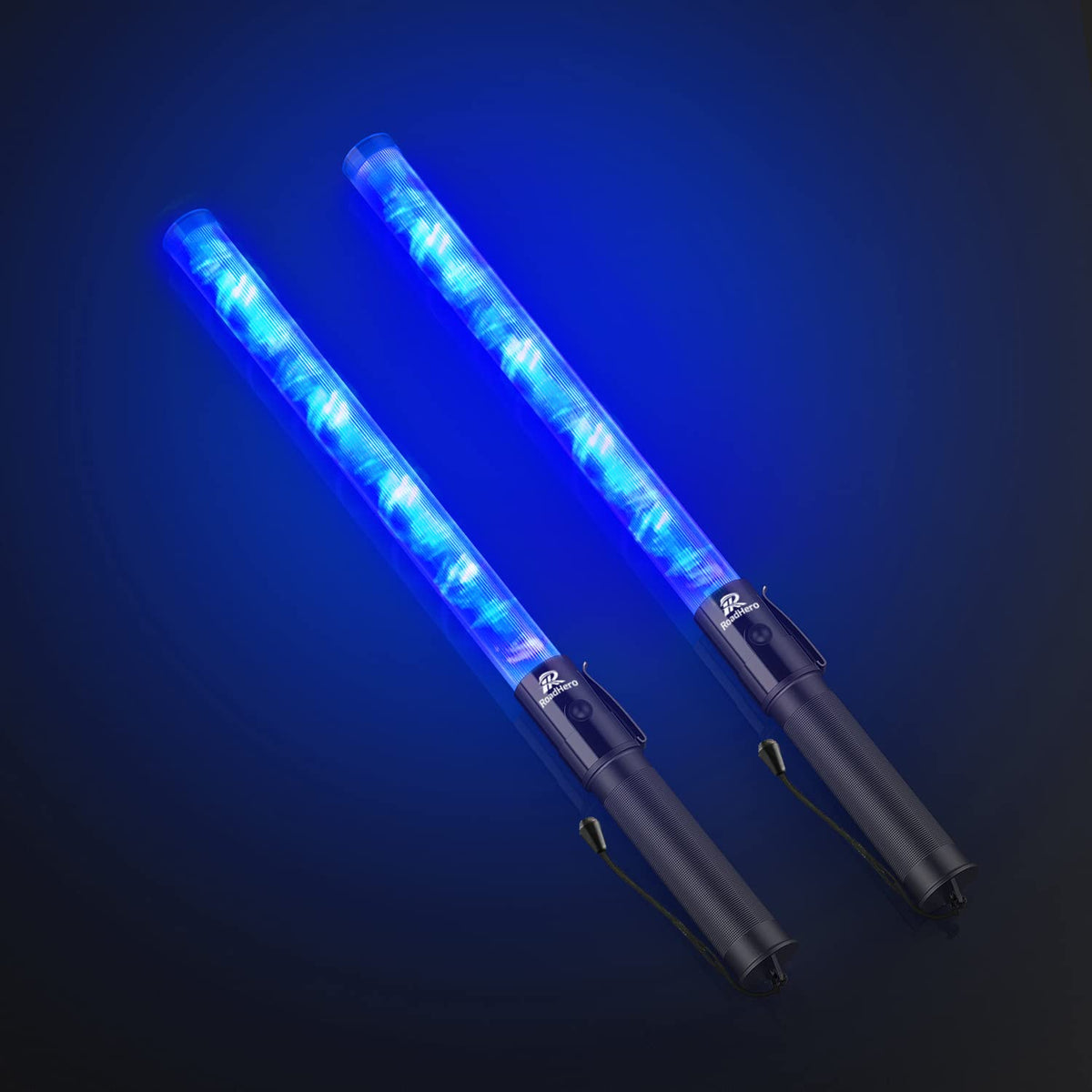 Roadhero 2 Pack 21Inch Traffic Wands, Blue Led Traffic Control Baton, Night Safety Light Wand With 2 Flashing Modes, Air Marshaling Signal Wand With Side Clip For Airport, Parking, Car Directing