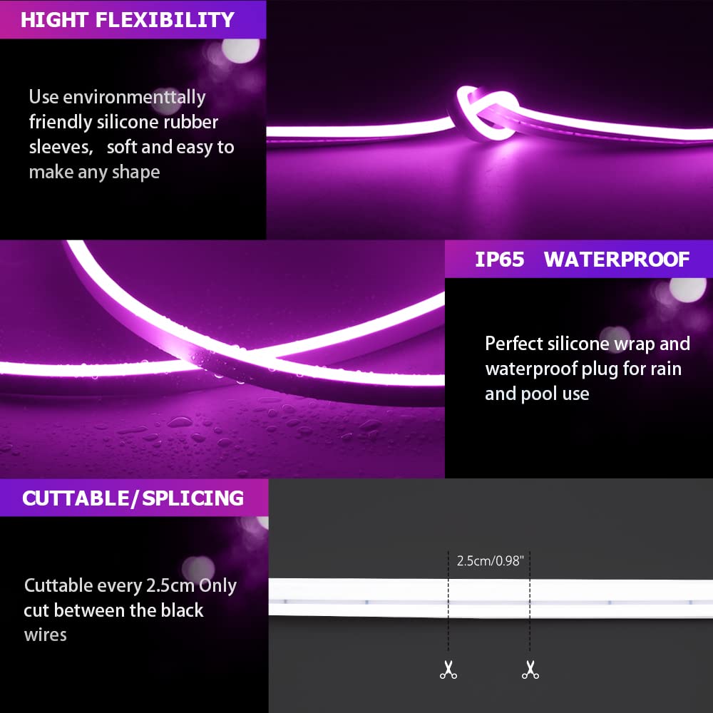 Owofydr Led Neon Lights Flexible Purple 16.4Ft/5M 12V Dc Waterproof Flexible Led Neon Light For Indoors Outdoors Decorm [ No Pow