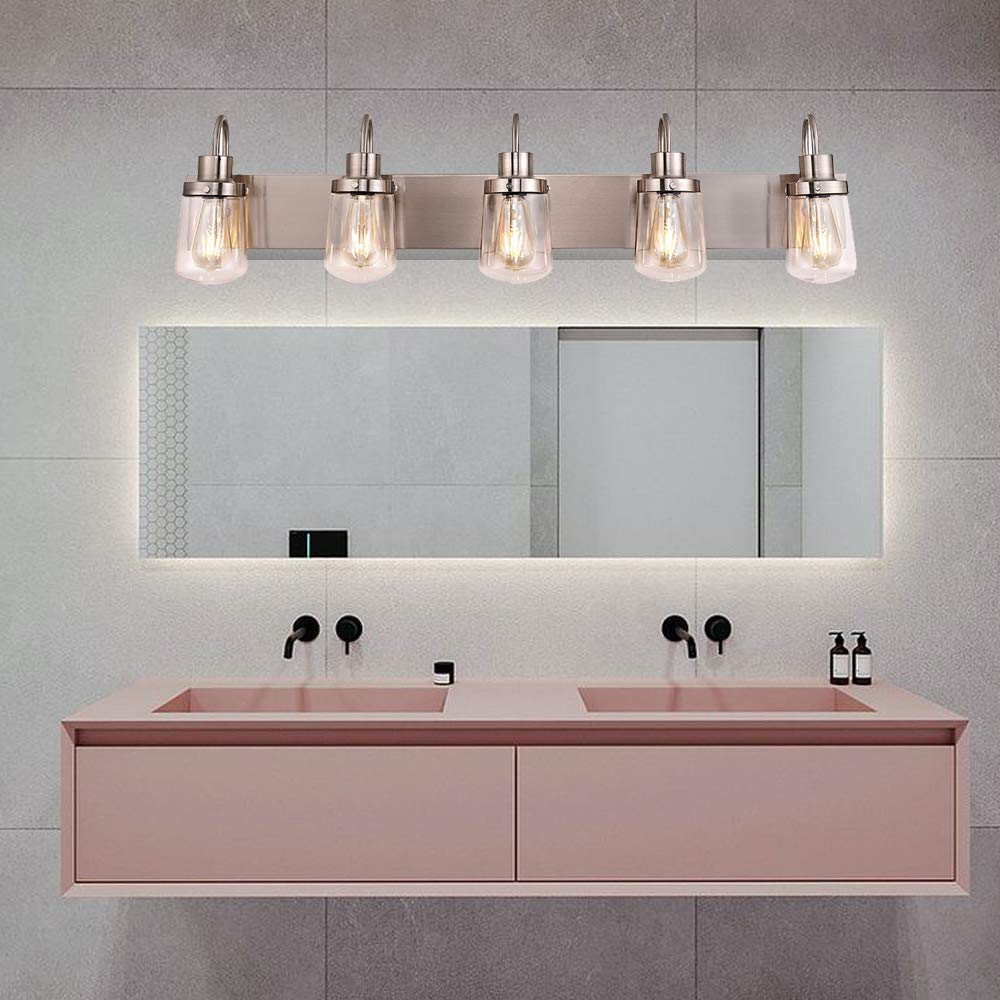 Yaohong 5-Light Modern Bathroom Vanity Light In Satin Nickel With Clear Glass Shades