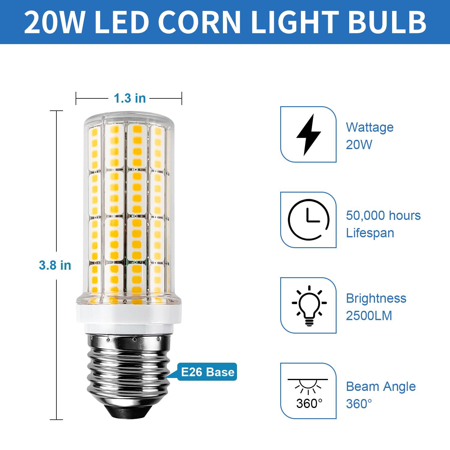 Riuvao 20W Led Light Bulbs, 2500 Lumen, 3000K Warm White, Waterproof, E