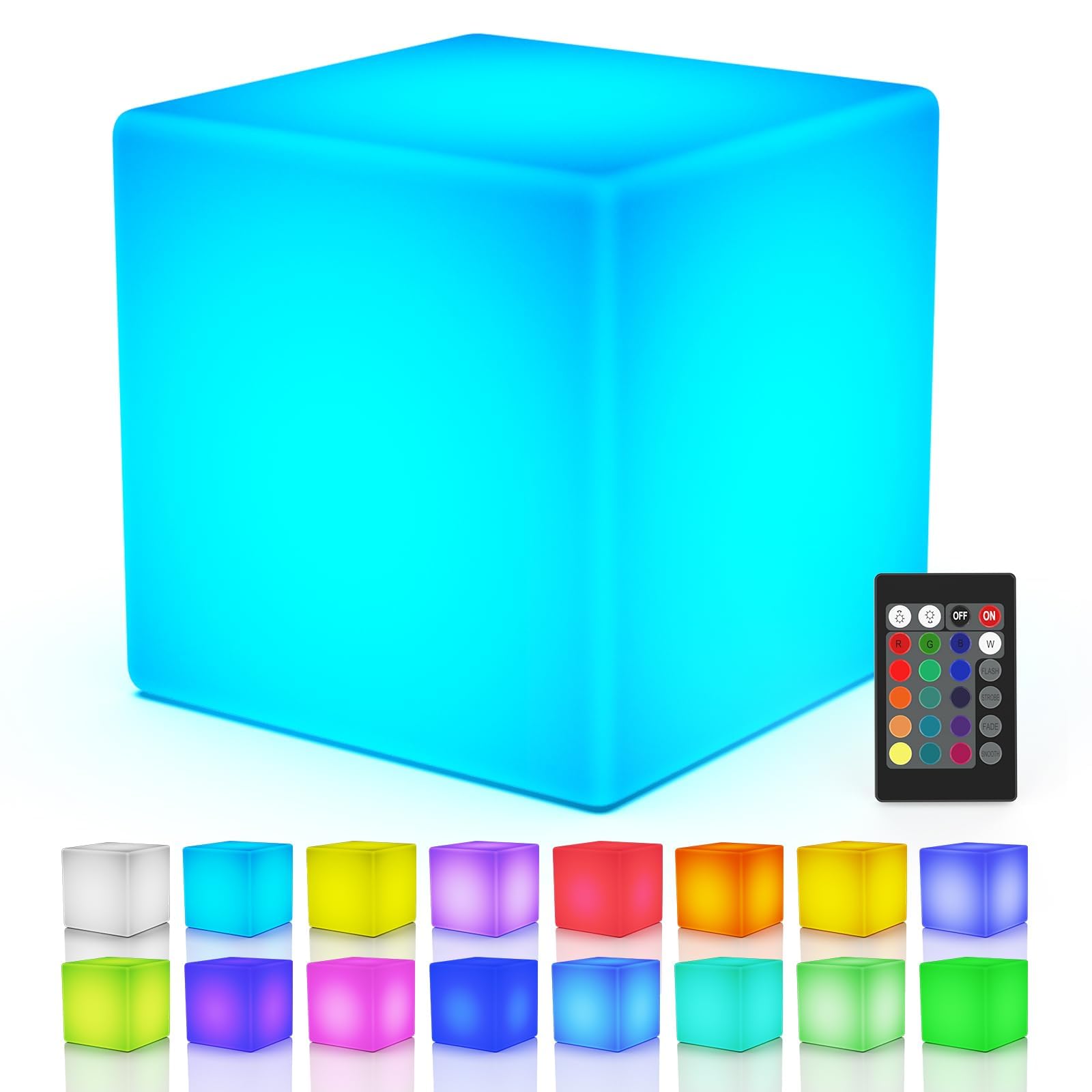 LOFTEK LED Cube Night Light, 7-Inch Rechargeable RGB, 16 Colors, IP65 Waterproof, White Acrylic Table Lamp