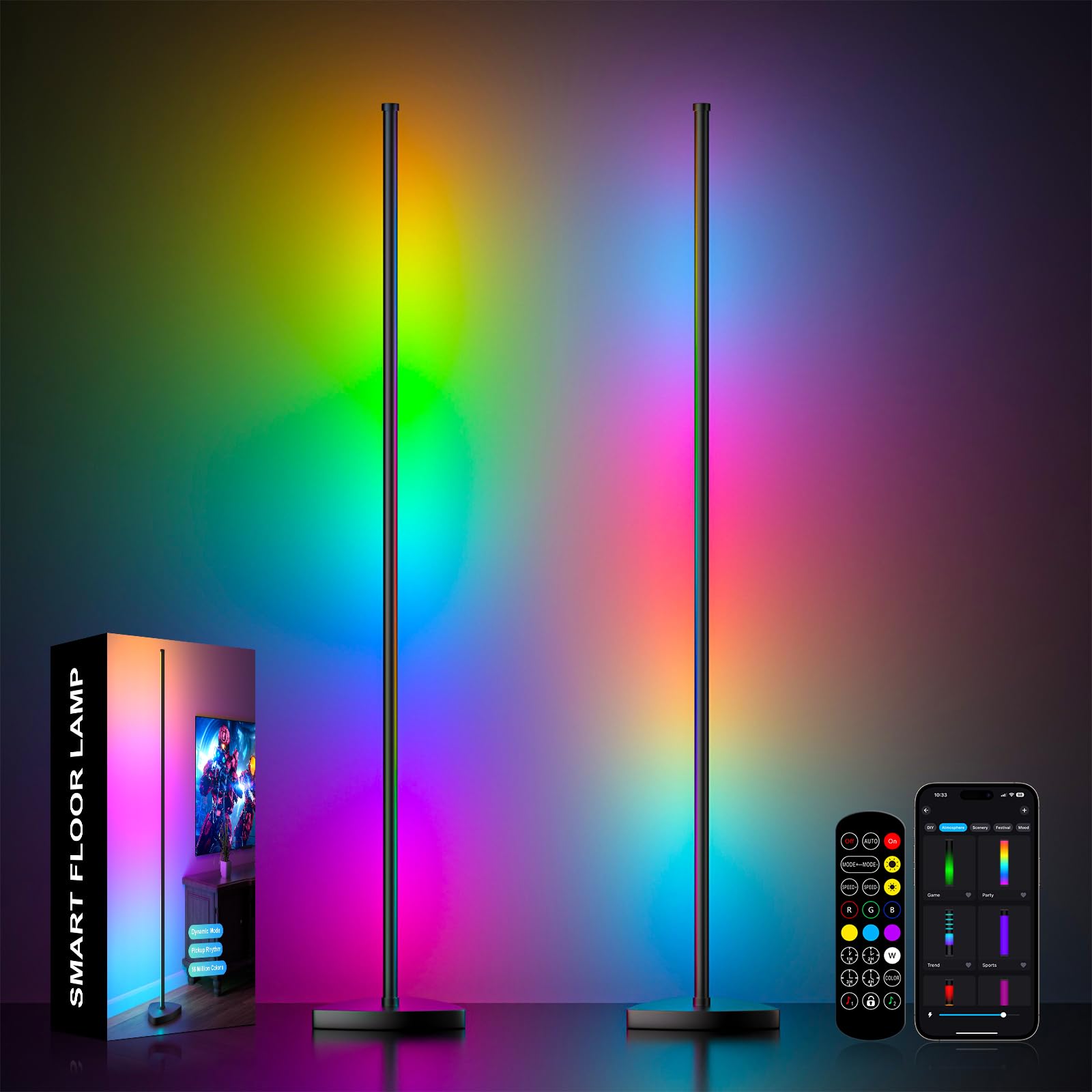 Eastfine Corner Floor Lamp 70in - RGB LED, 2 Pack, Bluetooth Control, Aluminum, Model DX23012-01