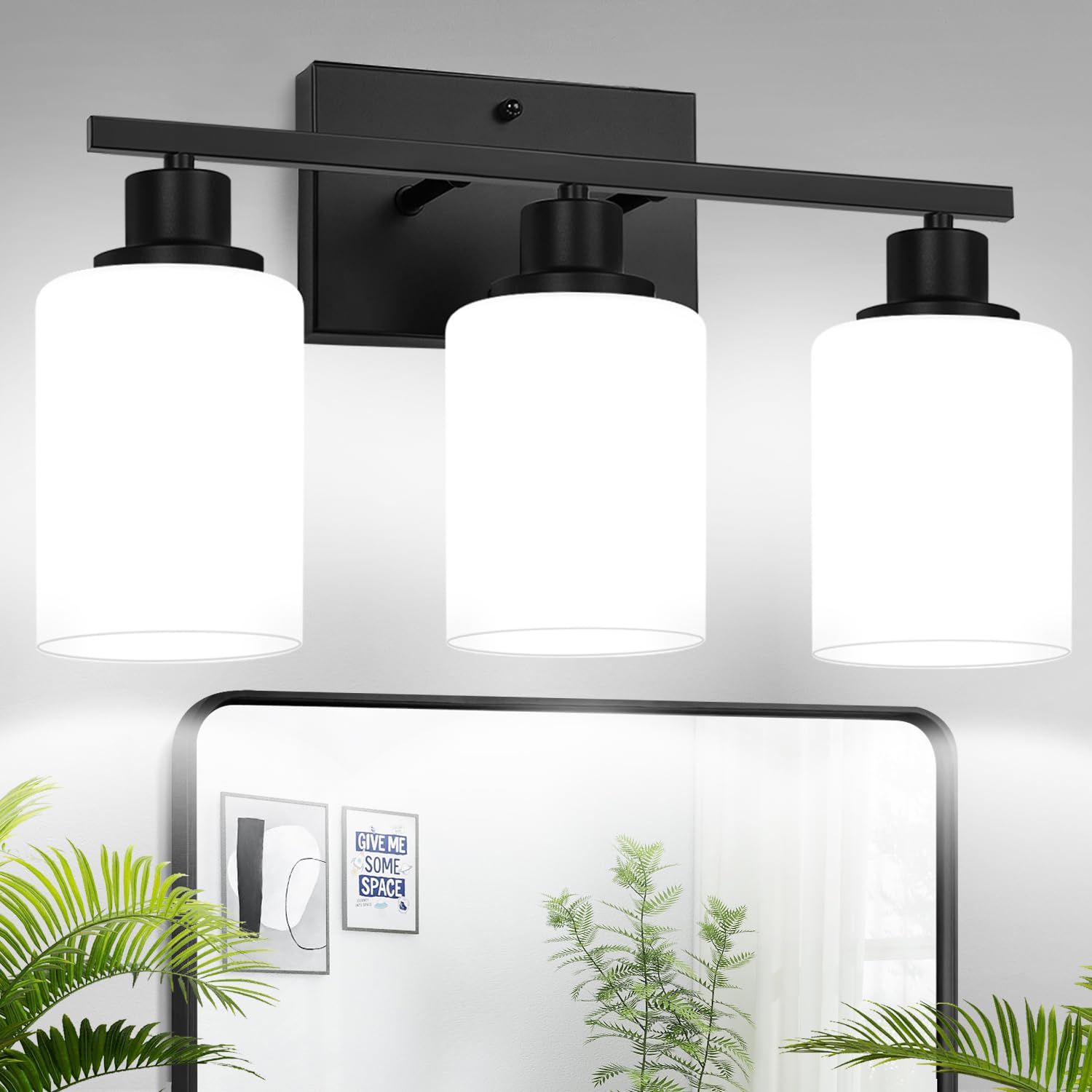 MOKATNG 3-Light Bathroom Light Fixtures  Vanity Light with Milky White Shades  Matte Black Bathroom Light Fixtures Over Mirror  Modern Bathroom Wall Lamp for Mirror Living Room Cabinet Bedroom