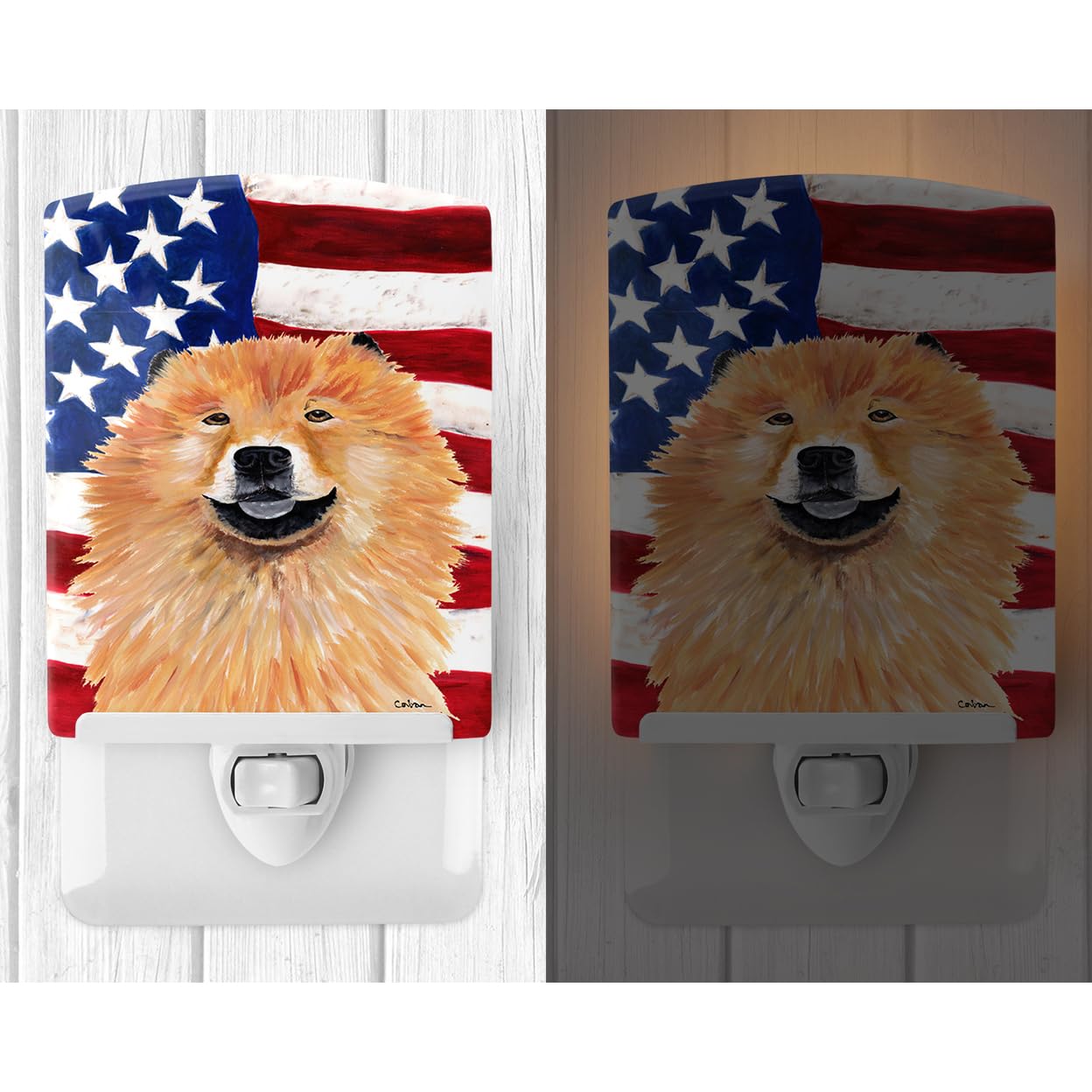 Carolines Treasures Ceramic Night Light, USA American Flag, Chow Chow 6x4x3, Model SC9025CNL, UL-Certified, Multicolor