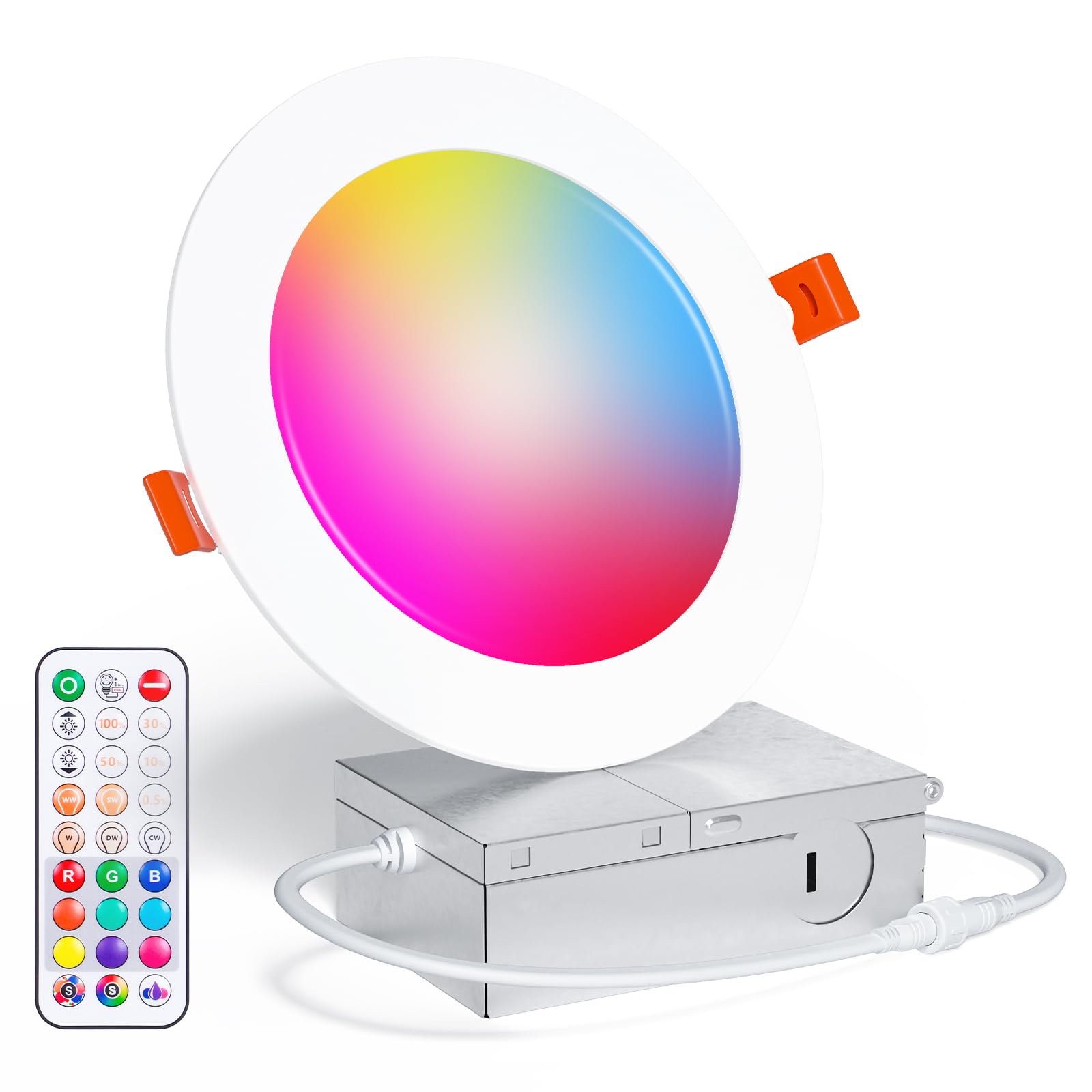 Taptoron 4 Inch RGBCW Color Changing LED Recessed Ceiling Light, 12W 1080LM, Dimmable, Includes Junction Box, Model TD4C001, 