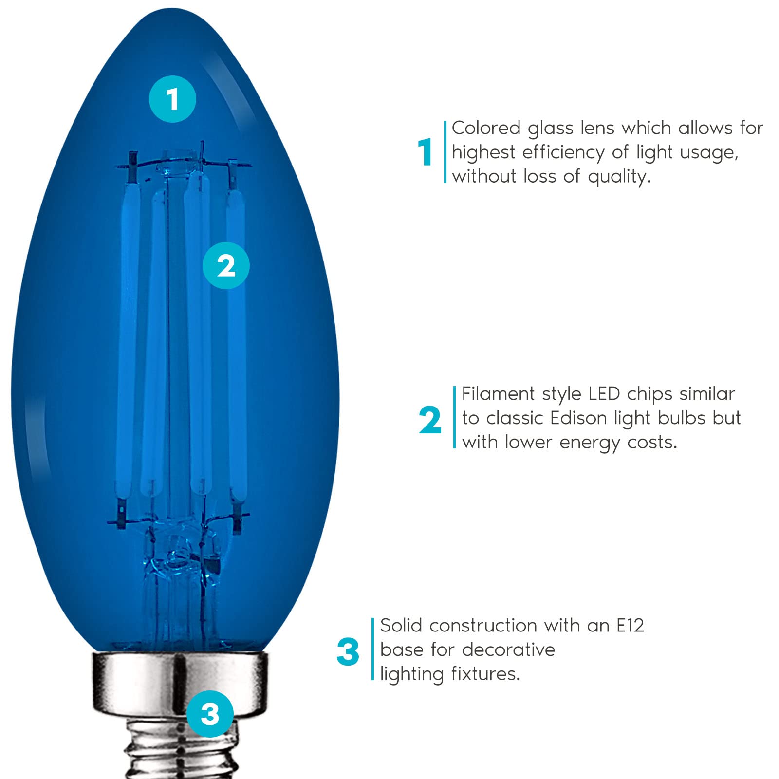 LUXRITE E12 LED Filament Bulb, 4.5W, Blue Glass, Candelabra, 6 Pack, Model LR21743-6