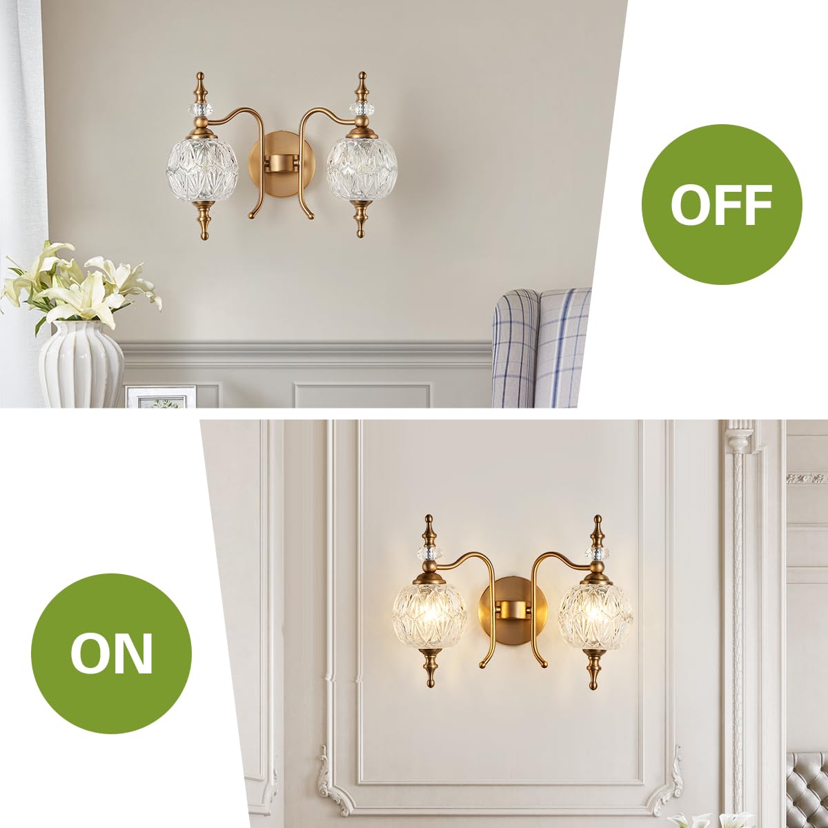 TLOLGT 2-Light Vintage Crystal Bathroom Wall Sconces, Matte Brushed Antique Brass Finish Retro Wall Sconce Light with Crystal Gl