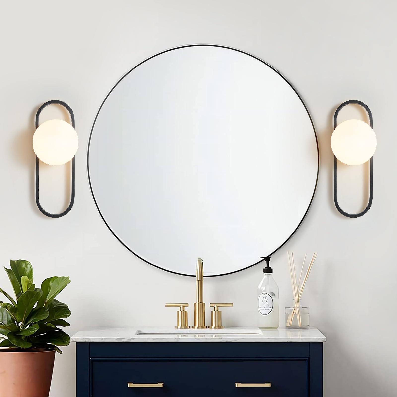 Bektas Wall Sconces Set of 2 Matte Black Modern Metal Lighting with White Globe Glass Shade for Living Room and Bedrooms