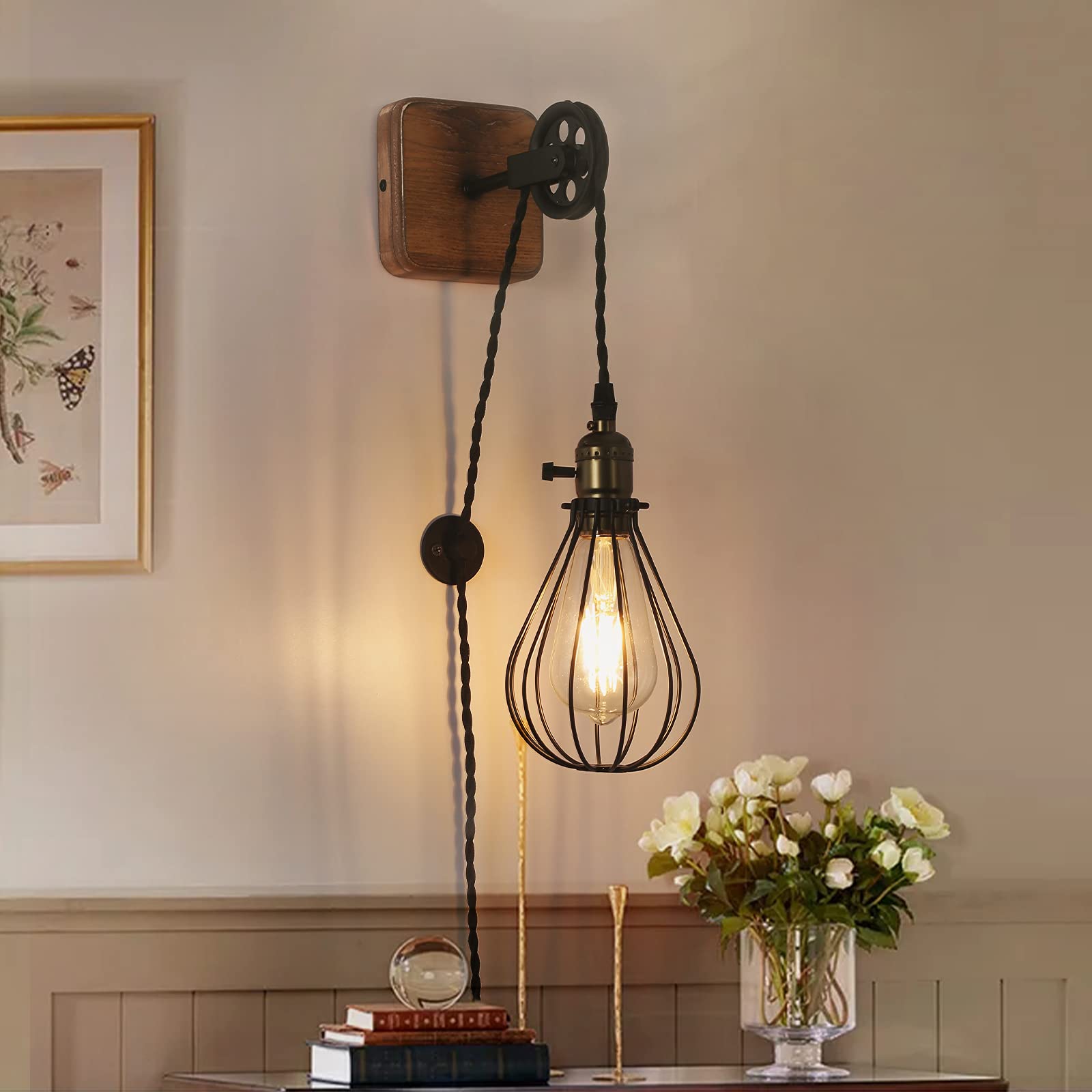 Injak Industrial Plug-In Wall Sconce, Adjustable Height Black Metal Cage Light For Home Decor