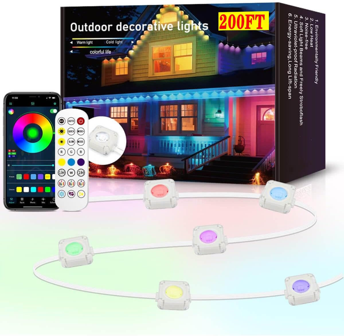 SIFWEX 200ft Permanent Outdoor Lights Pro - with App & Remote, RGB-IC Smart Eternity Eaves Lights IP68 Waterproof, Year-Round Ho