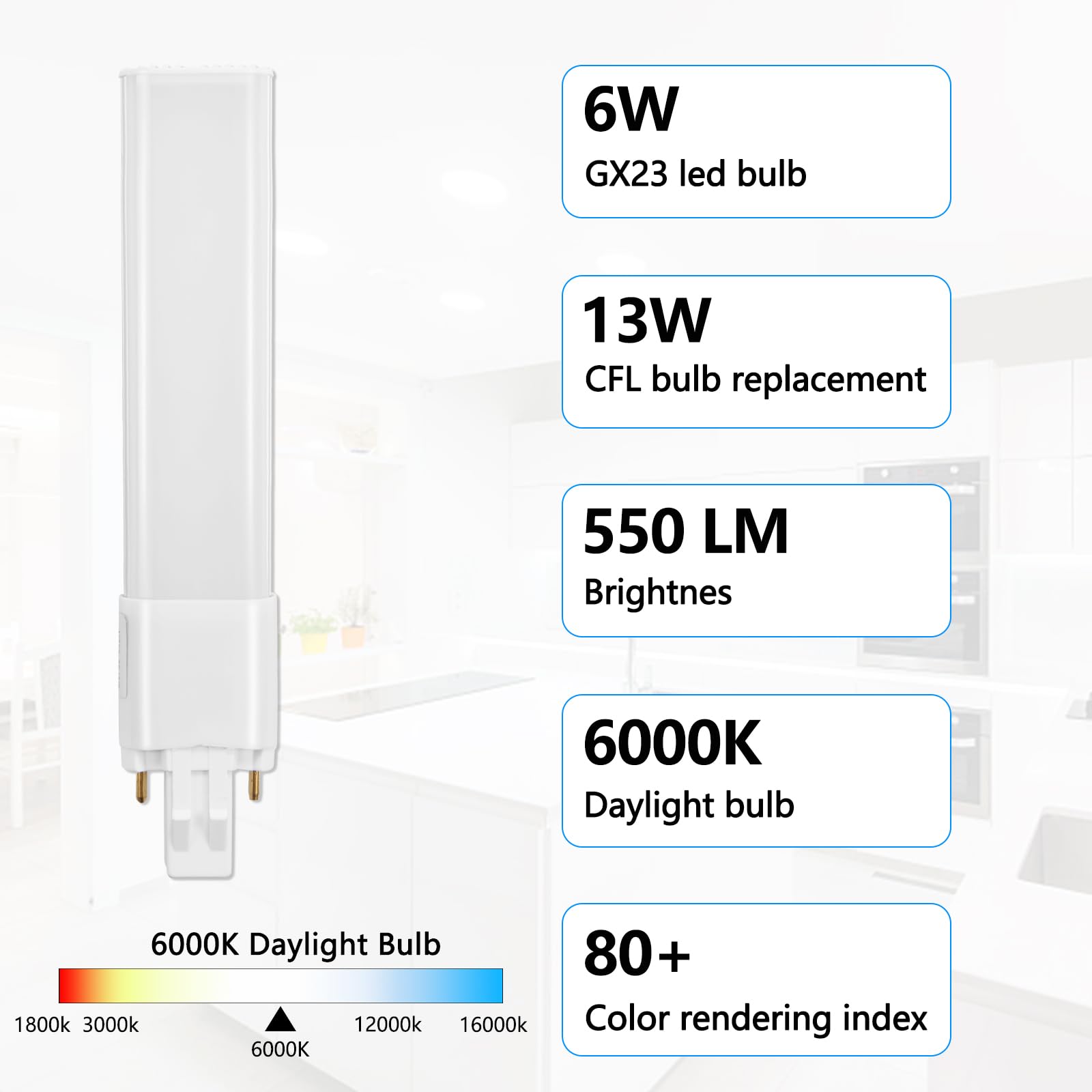 Hengbo Gx23 Led Bulb, 6W Daylight White 6000K, 180° Beam Angle, 2