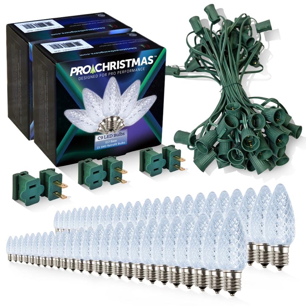 Pro Christmas C9 LED Christmas Light Kit for Rooflines & Pathways - DIY Cut to Length  Outdoor Commercial Grade (Green Wire w/Vampire Plugs  50 Bulbs  50 ft) Cool White