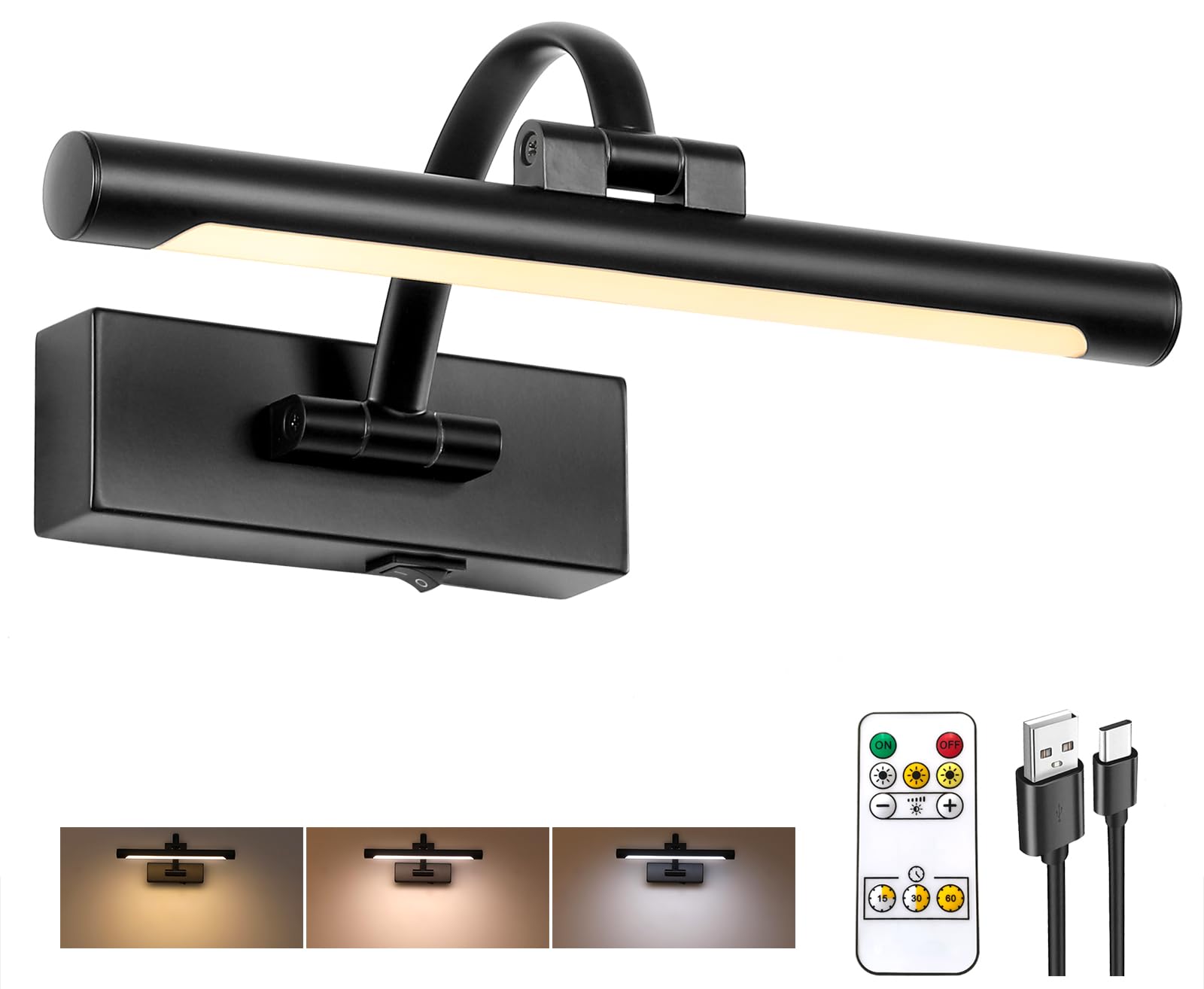 Tassuowell Battery Powered Picture Light with Remote and Timer,Full Metal Art Light with Swing Arm,12 Inch Dimmable,3CCT in One,