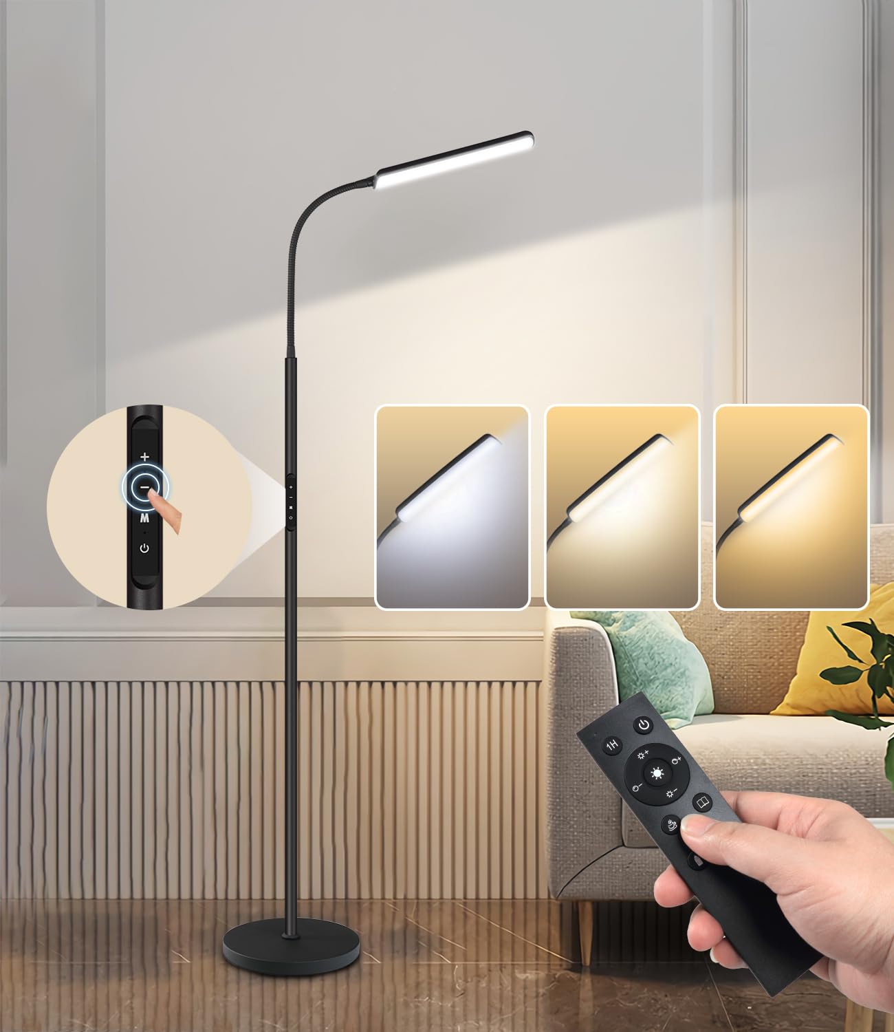 Dimunt Led Floor Lamp, Bright 15W Floor Lamps For Living Room With 1H Timer, Stepless Adjustable 3000K-6000K Colors & Brightness Standing Lamp With Remote & Touch Control Reading Floor Lamps
