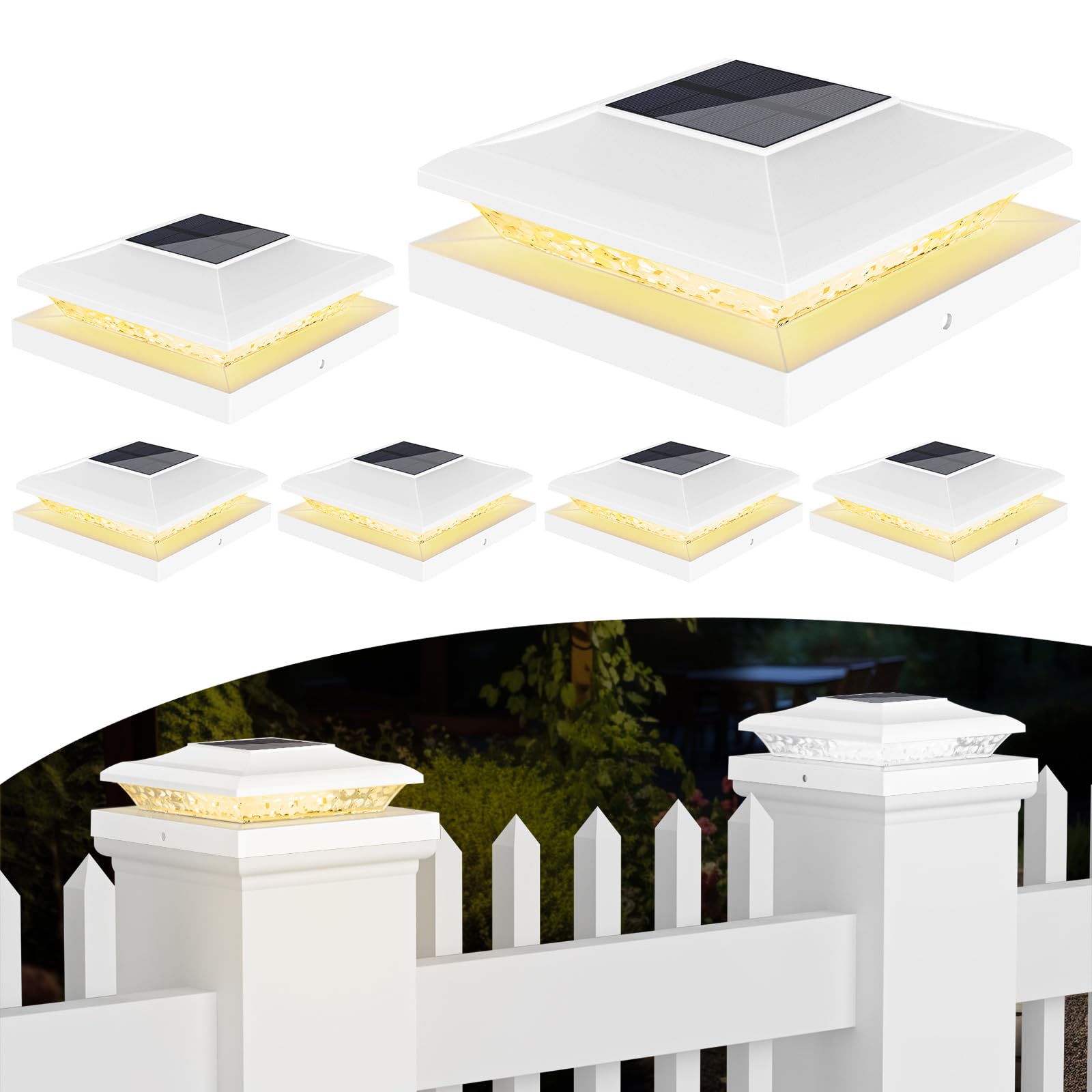 TSUNESLUX 6 Pack 5x5 Vinyl Post Solar Lights for Fence - Outdoor Waterproof Solar Post Cap Lights for 5.5x5.5 6x6 Wooden Posts, 