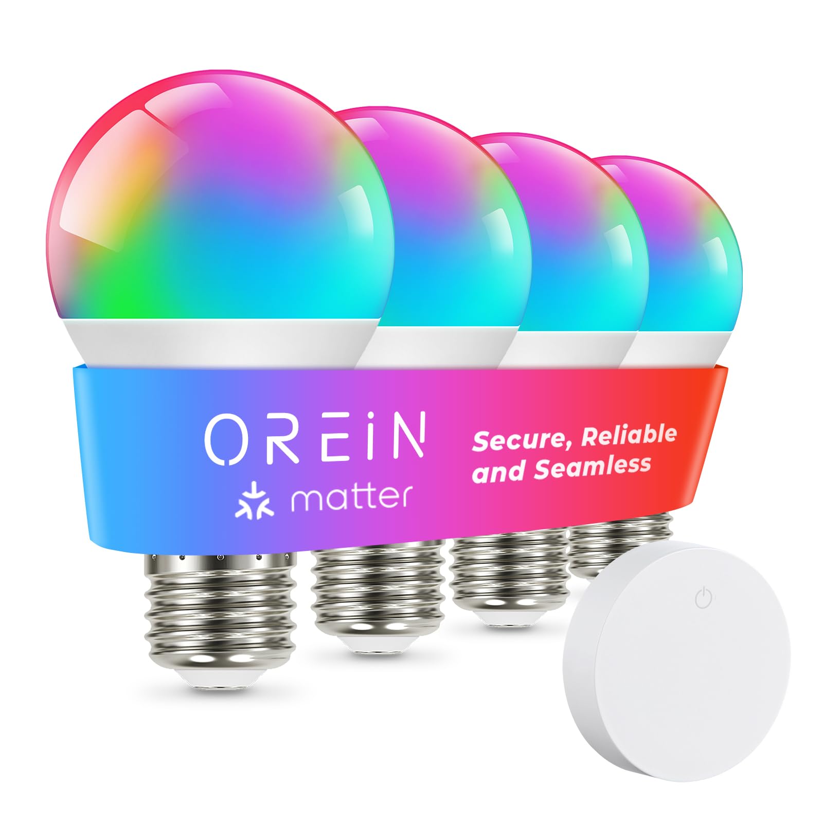 OREiN Matter Smart Light Bulb, Smart Light Bulbs with Remote Control Work with Apple Home, Alexa, Google Home, SmartThings, Color Changing Light Bulbs 2.4Ghz WiFi, 800 Lumens Equivalent 60W 4Pack