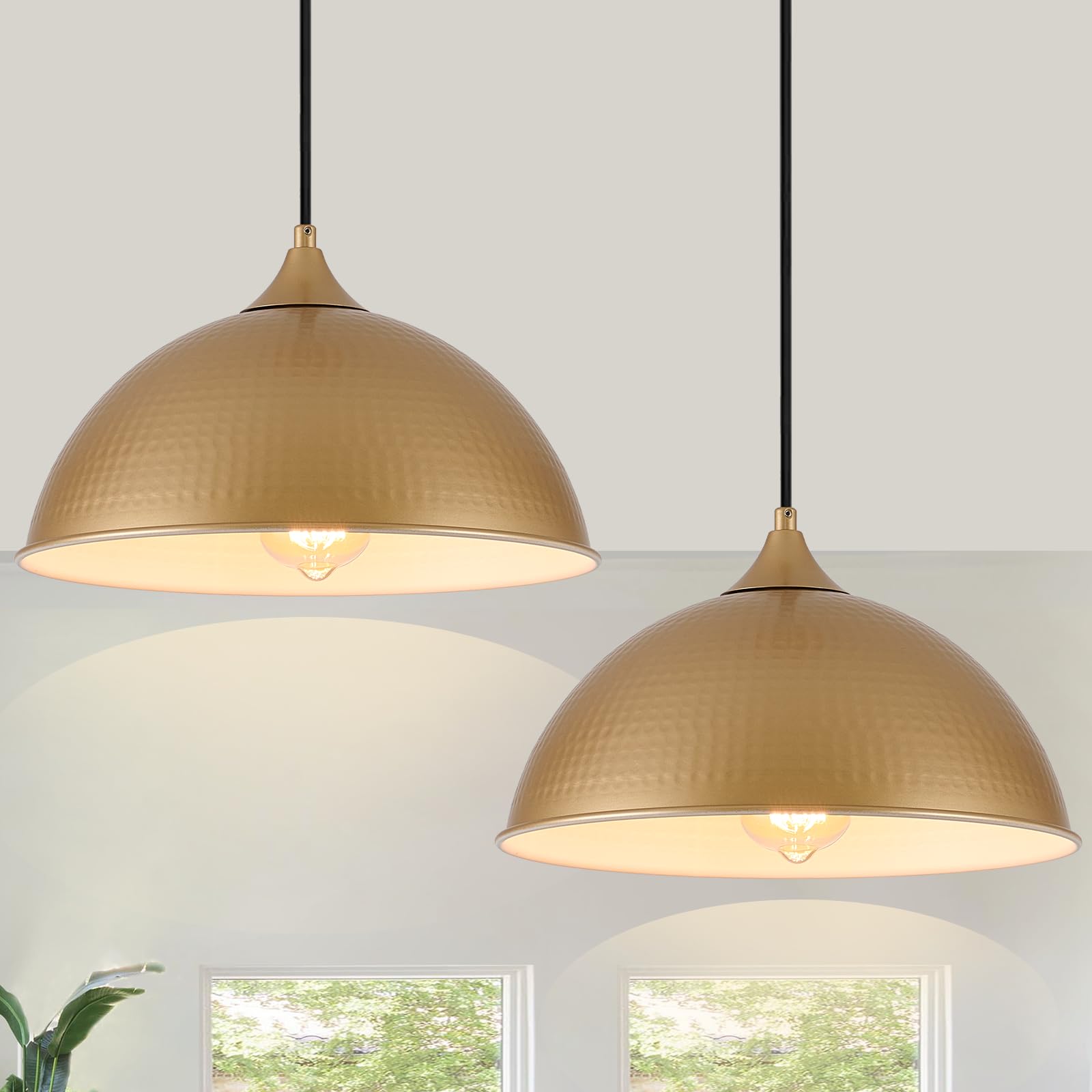MIAYBPH Pendant Lighting for Kitchen Island, 2 Pack 12'' Dome Pendant Light Fixtures with Gold and White Finish Industrial Hangi