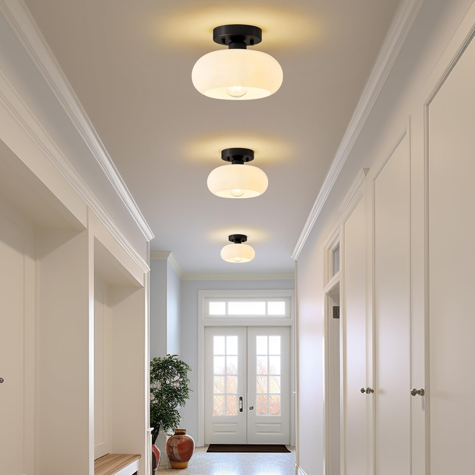 Woknos Mid-Century Modern Semi Flush Mount Ceiling Light, Metal Kitchen Light Fixture With Glass Shade,Vintage White And Black C