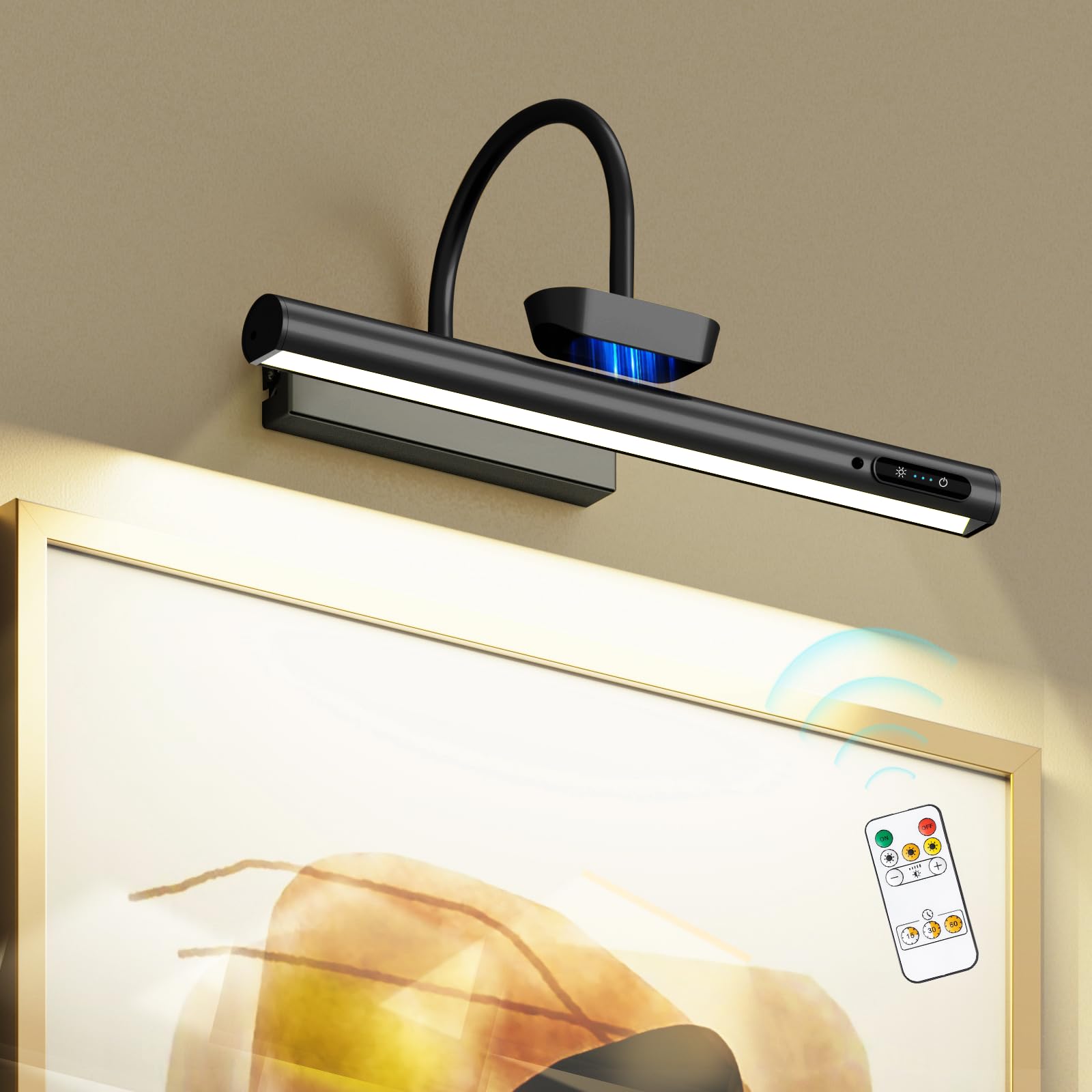 Bridika Picture Light, Battery Operated, 19.7in, Dimmable, Aluminum, Black, Model YZ500