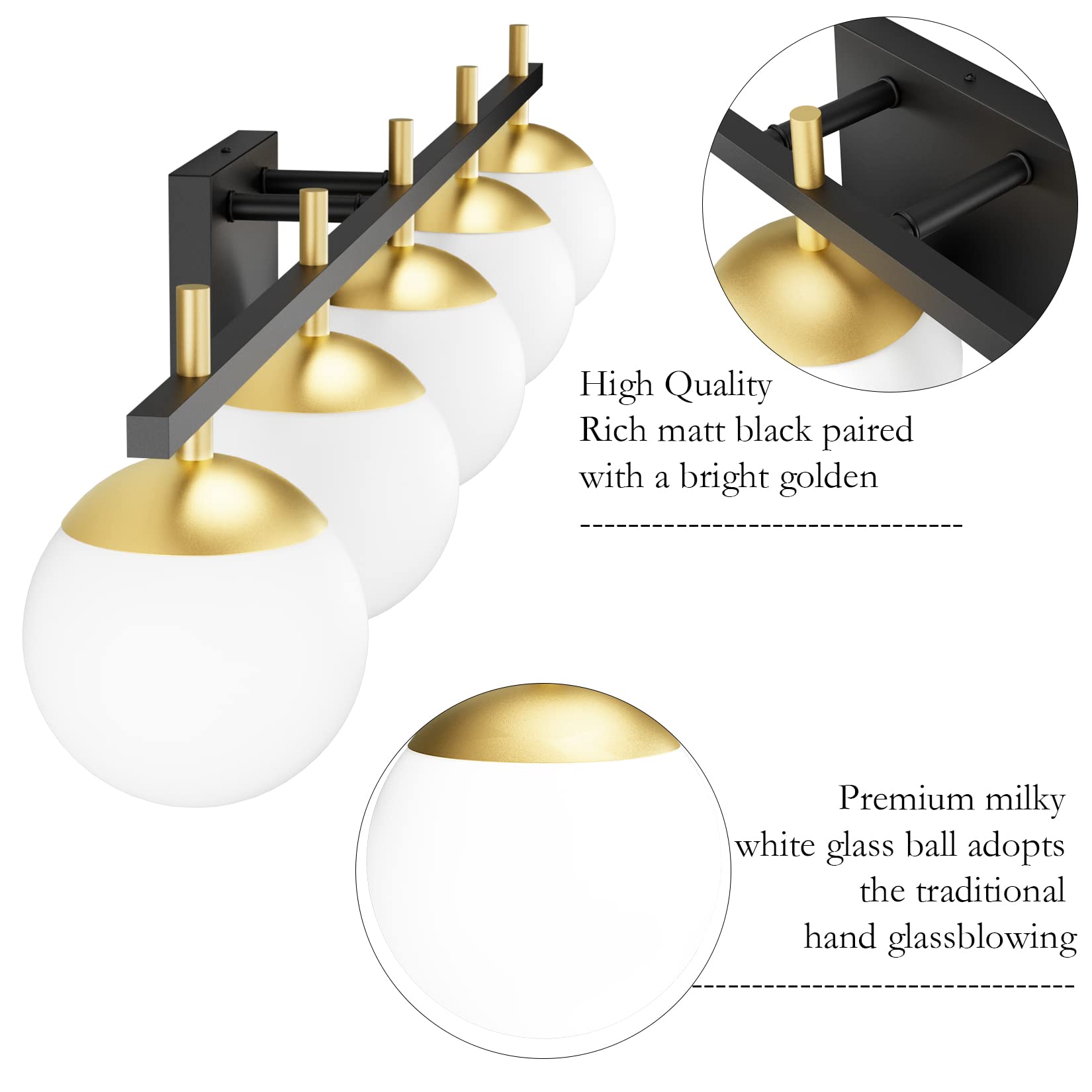 Ralbay Mid Century Modern Vanity Light Fixture 5 Light Milky Glass Globe Modern Bathroom Light Fixture Over Mirror, Black/Golden