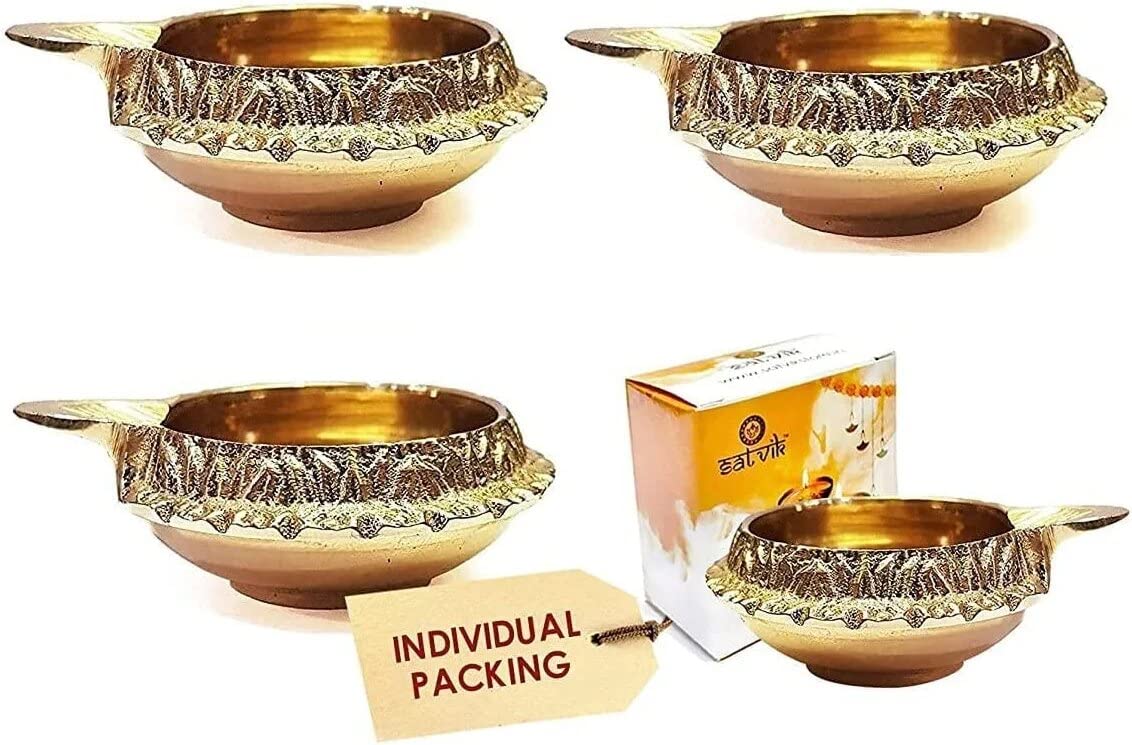 Satvik 4 pc Handmade Golden Engraved Kuber Diya Made of Virgin Brass. Diwali Diya Vilakku for Puja Pooja. Traditional Indian Oil