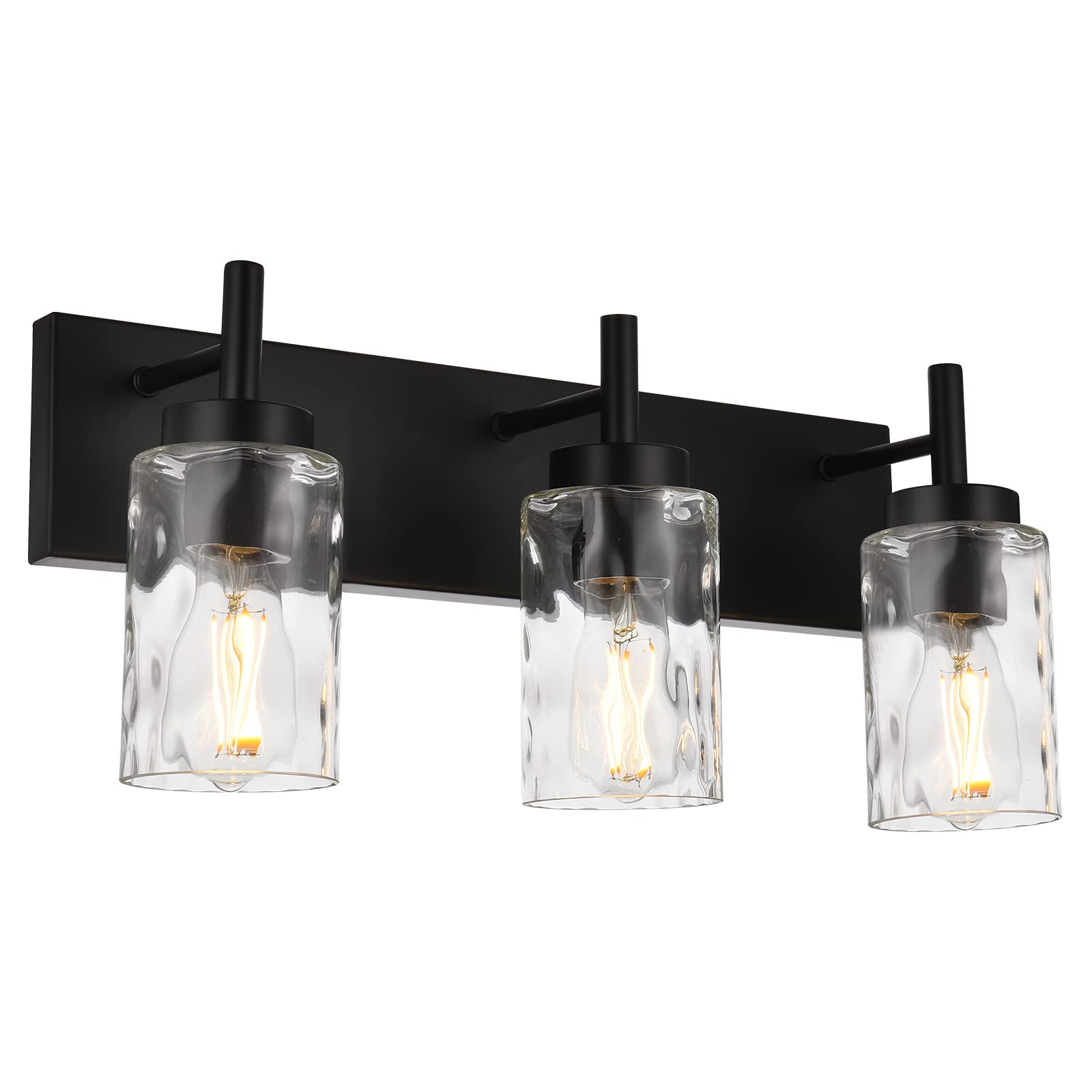 BONLICHT 3-Light Vanity Light Fixture, Black Metal with Hammered Glass Shade, 23.6 inch, Modern Wall Sconce for Bathroom and Dressing Table
