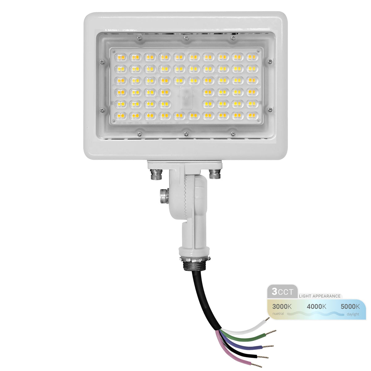 NUWATT 50W LED Flood Light, 3CCT 3000K/4000K/5000K Selectable, IP65 Waterproof Lighting, Adjustable Knuckle Mount, 7050LM, 0-10V Dimmable, 120-277V, Outdoor Security Floodlight for Yard, White, UL