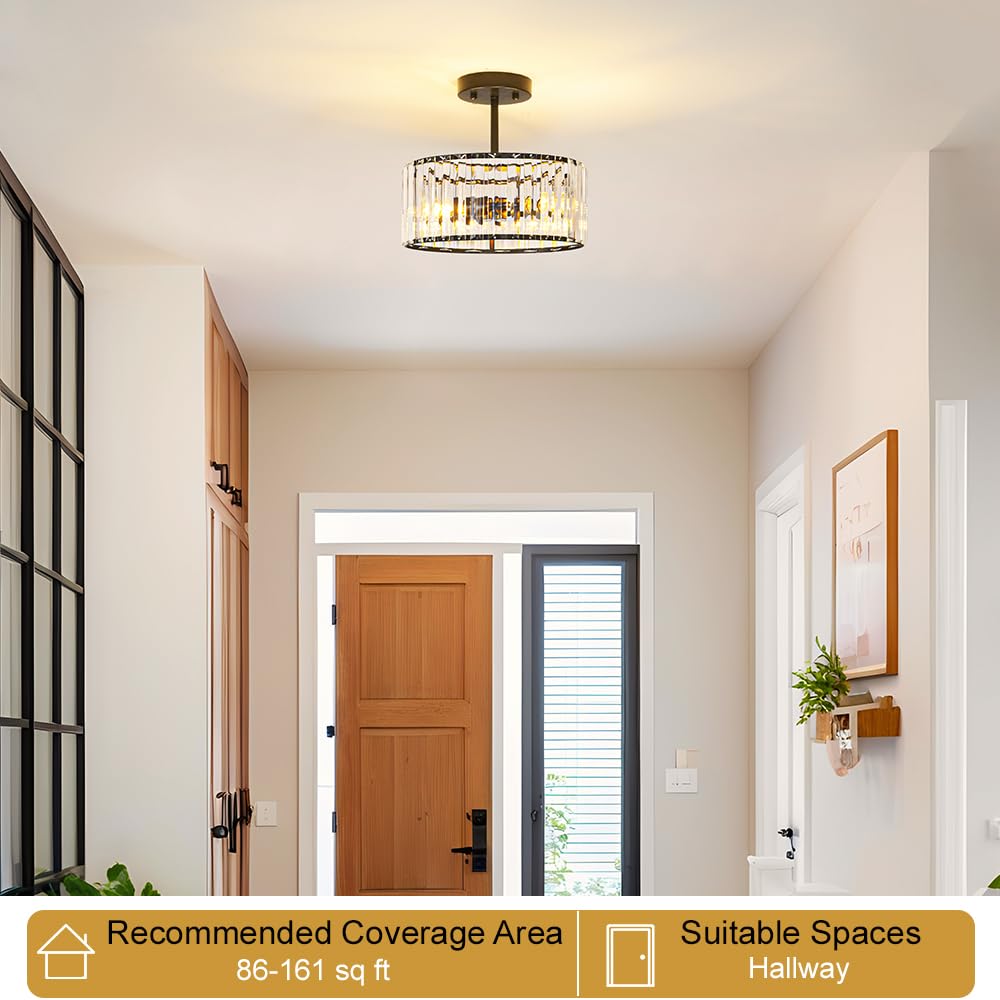 Lxybcce Modern Crystal Ceiling Light  Matte Black Semi Flush Mount Ceiling Lighting Fixture  Hallway Light Fixtures Chandelier For Kitchen  Bedroom Dining Room Hallway Closet  3-Light  12 Inch