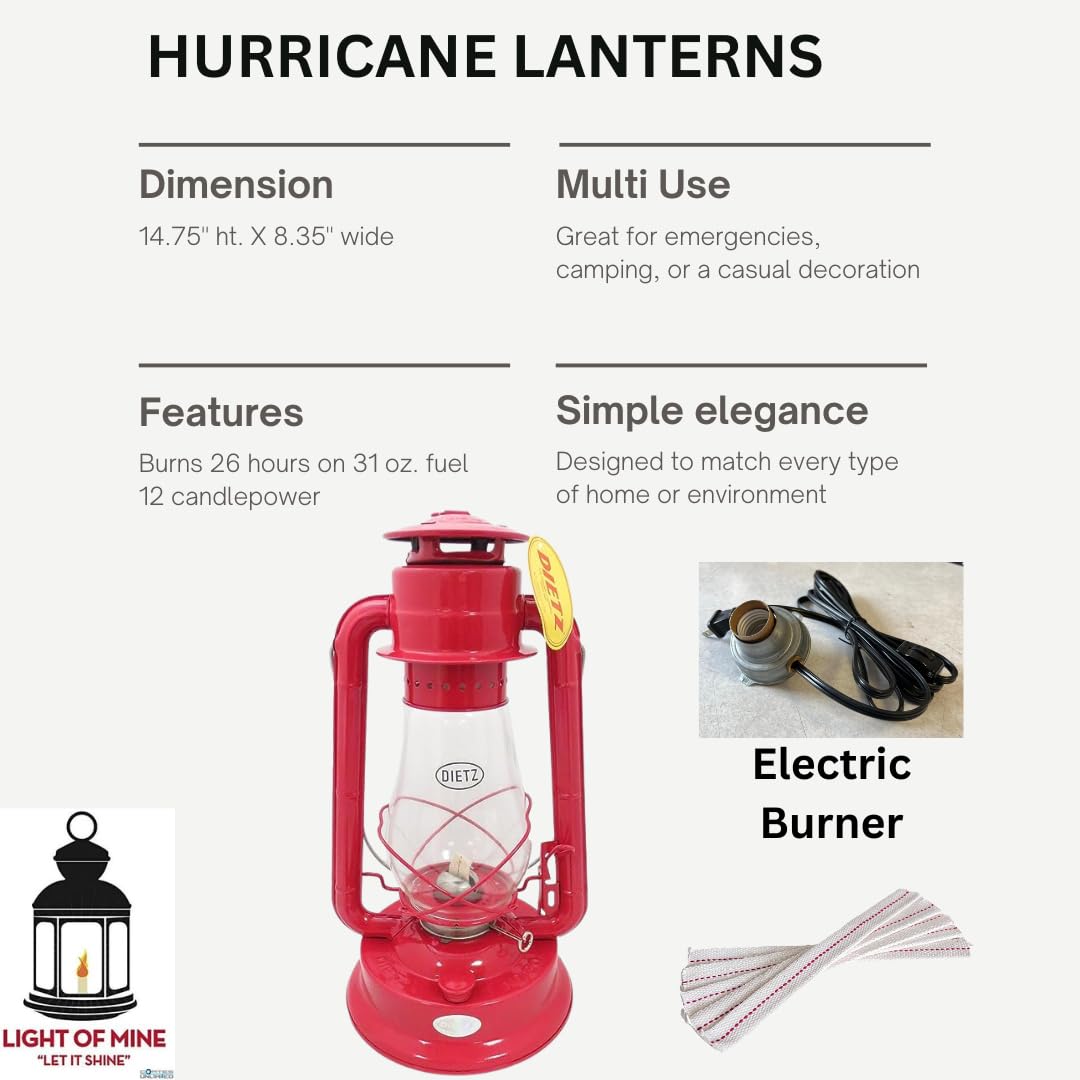 Light of Mine - Dietz #80 Blizzard Oil Lantern with 7/8 Replacement Wick Strips (Red with Electric Conversion Kit)