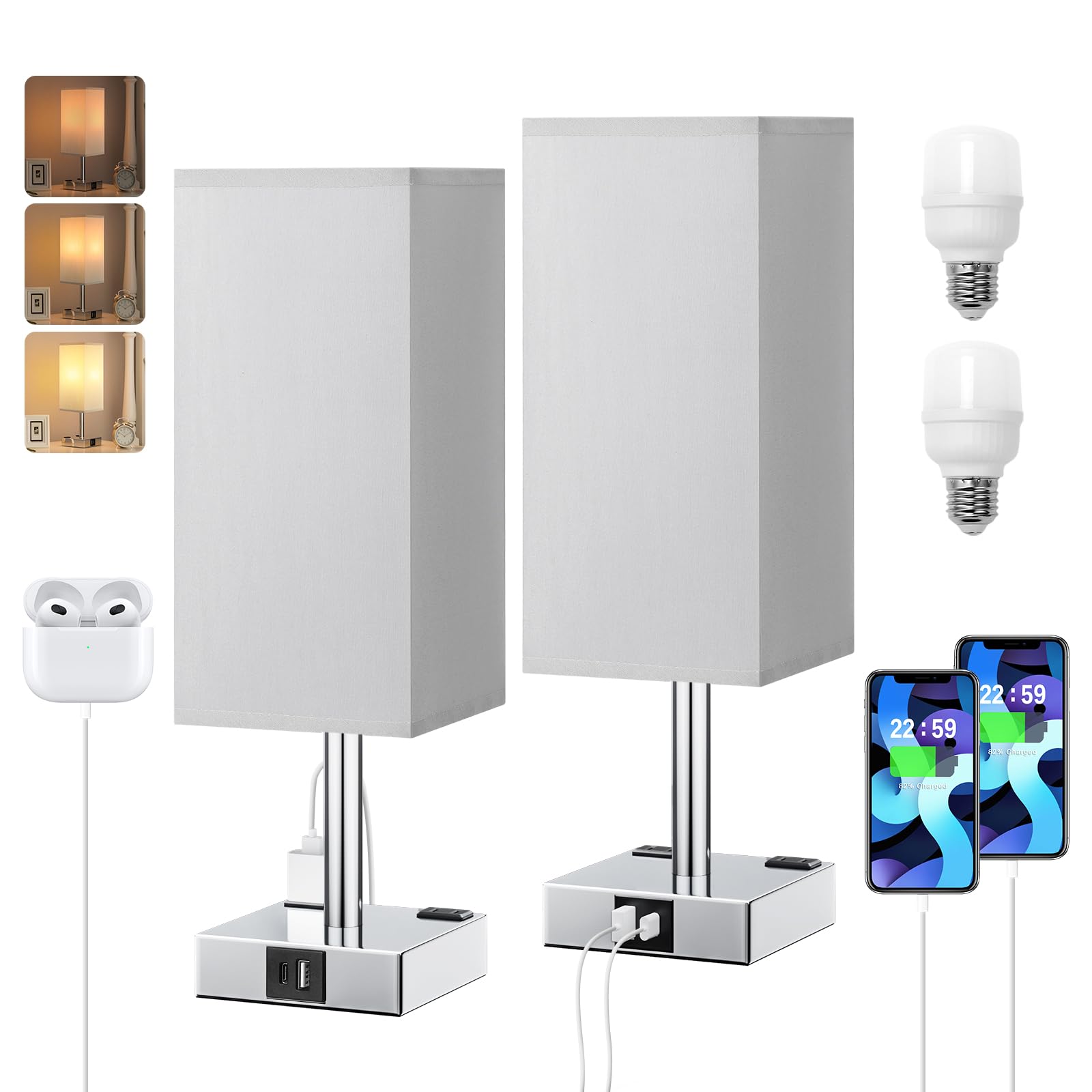 aooshine Touch Bedside Table Lamp Set of 2-3-Way Dimmable Night Lamp with USB A + Type C Charging Ports and Two AC Outlets, Smal