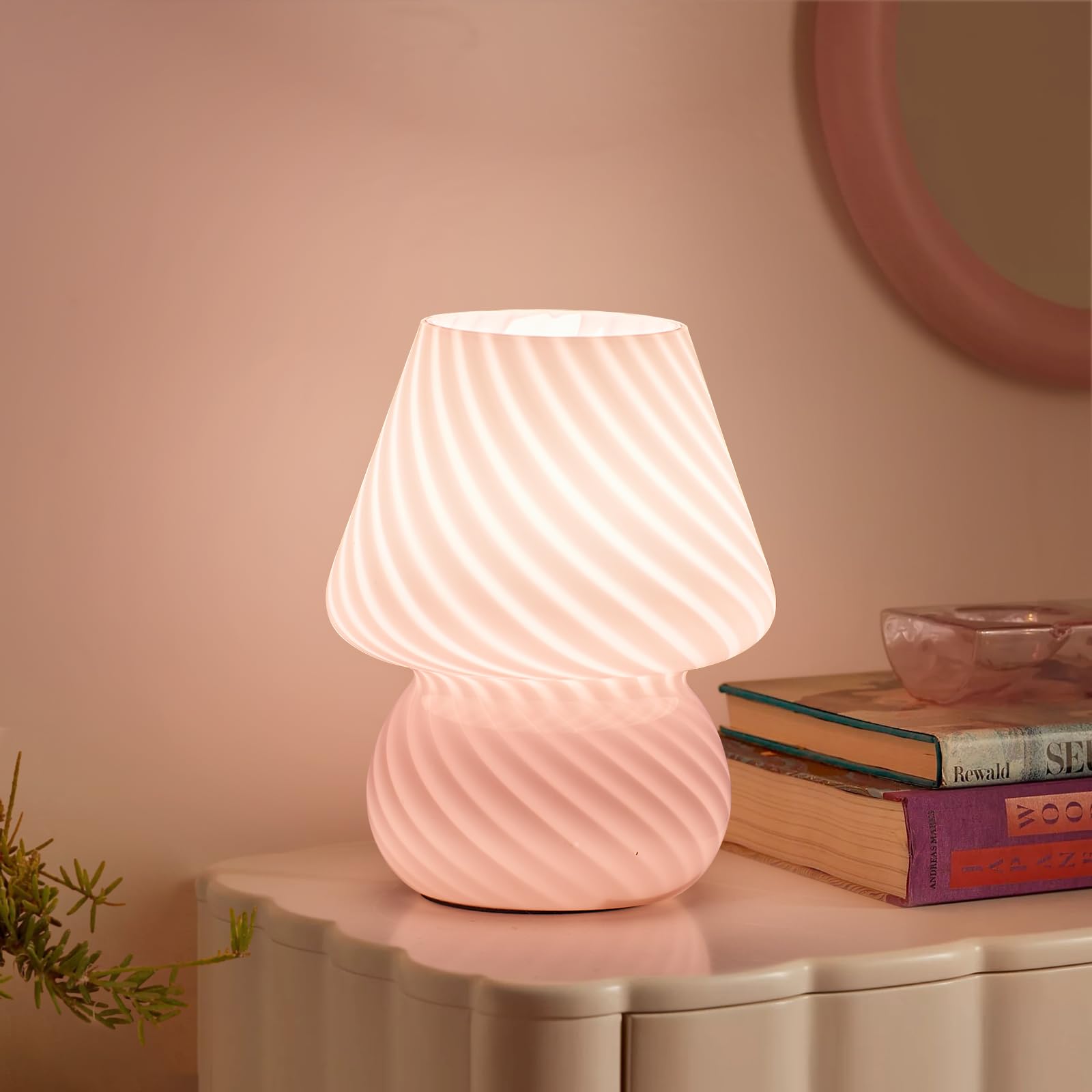 ONEWISH Mushroom Lamp-Small Bedside Table Lamp with Striped Glass, Nightstand Lamp for Bedroom, Living Room, Cafe, Bulb Included
