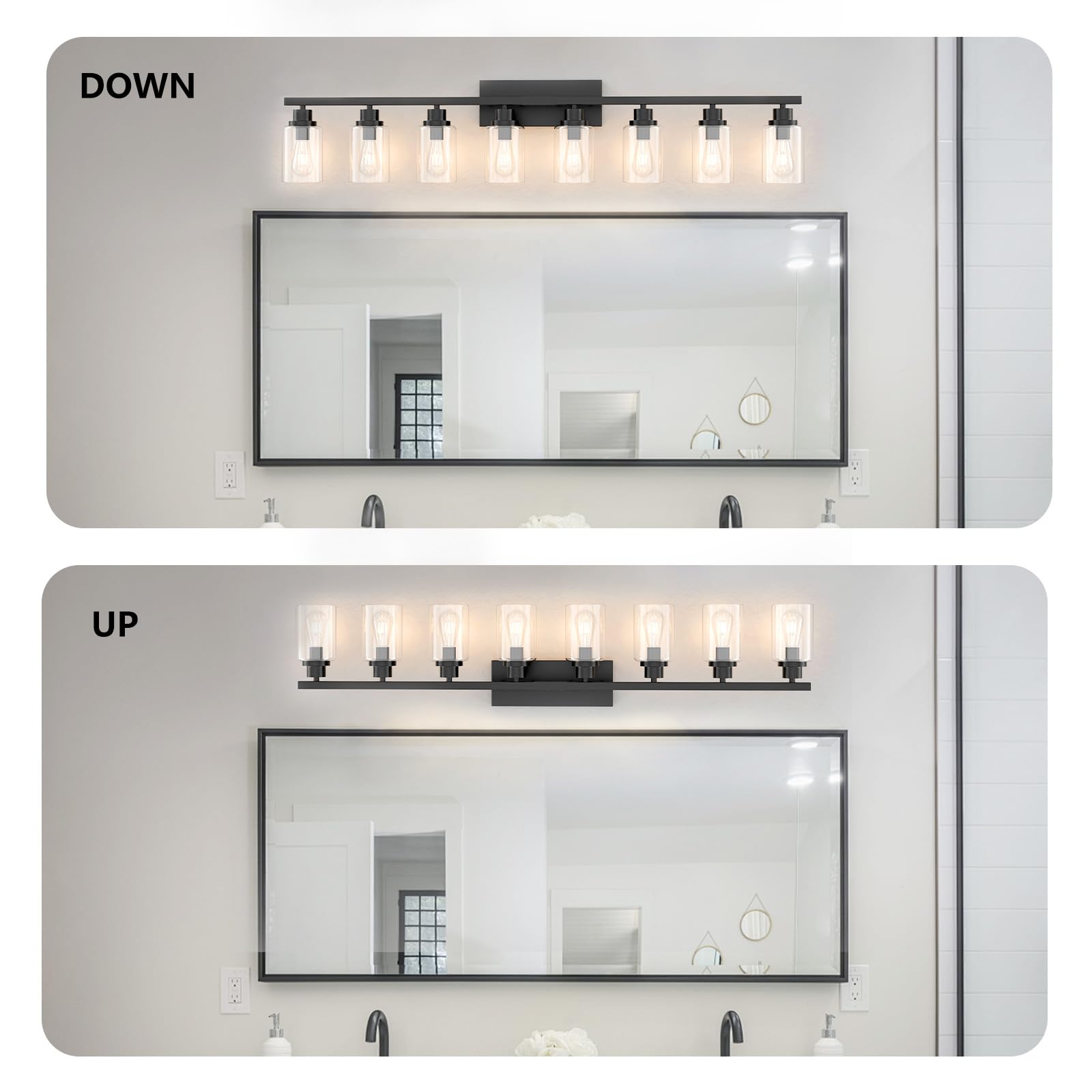 Hccz 8 Light Black Bathroom Vanity Light Fixture  Long Farmhouse Vanity Lights Over Mirror Modern Large Bathroom Lighting Wall Light With Clear Glass Globe For Mirror Living Room Bedroom