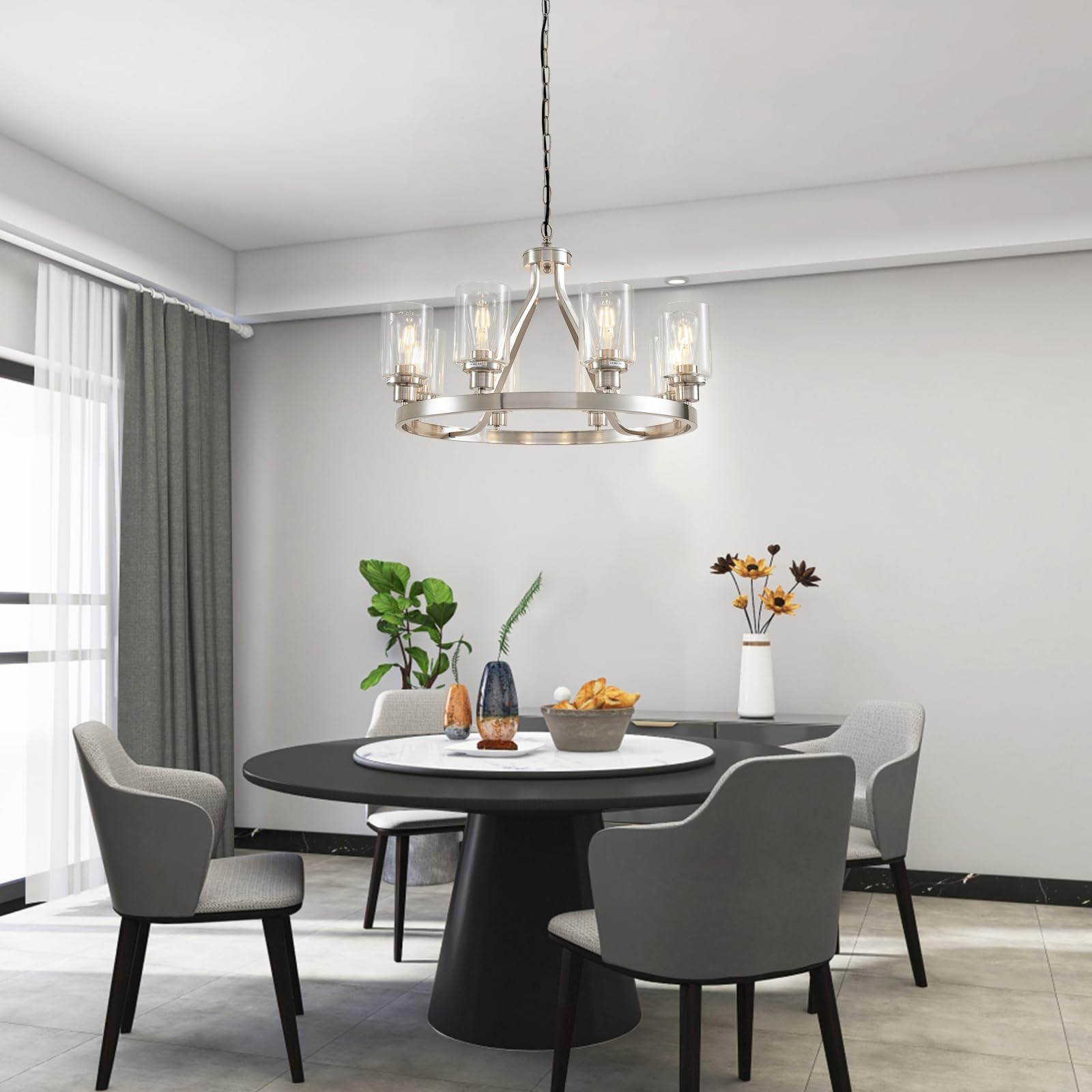Lanhall 8-Light Brushed Nickel Chandelier - Modern Kitchen Pendant Lighting with Glass Shade, Adjustable Height, Model 1064