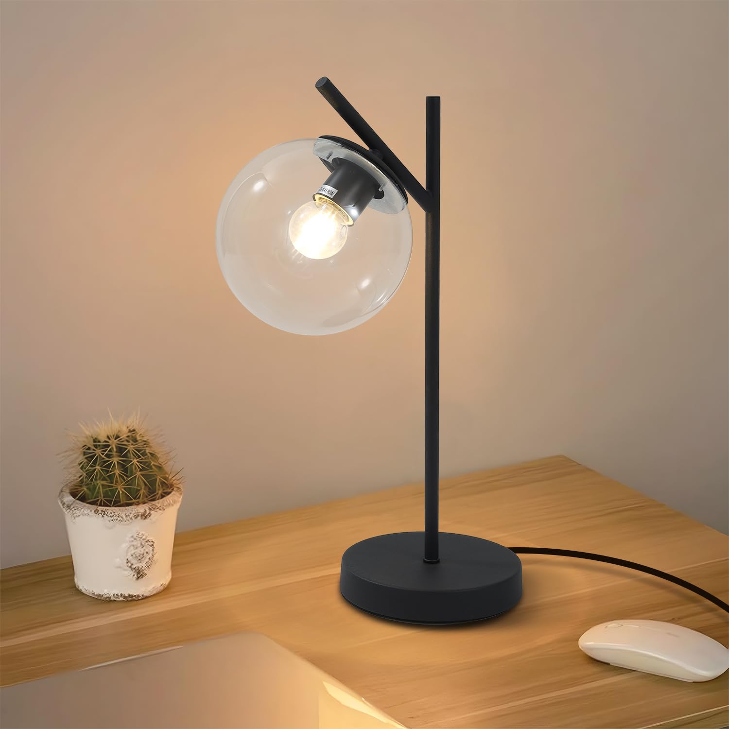 Fulesi Mid Century Table Lamp, Glass Globe, Black-Clear, Model T3009, H19.2 for Bedroom, Desk, Office, Study Room