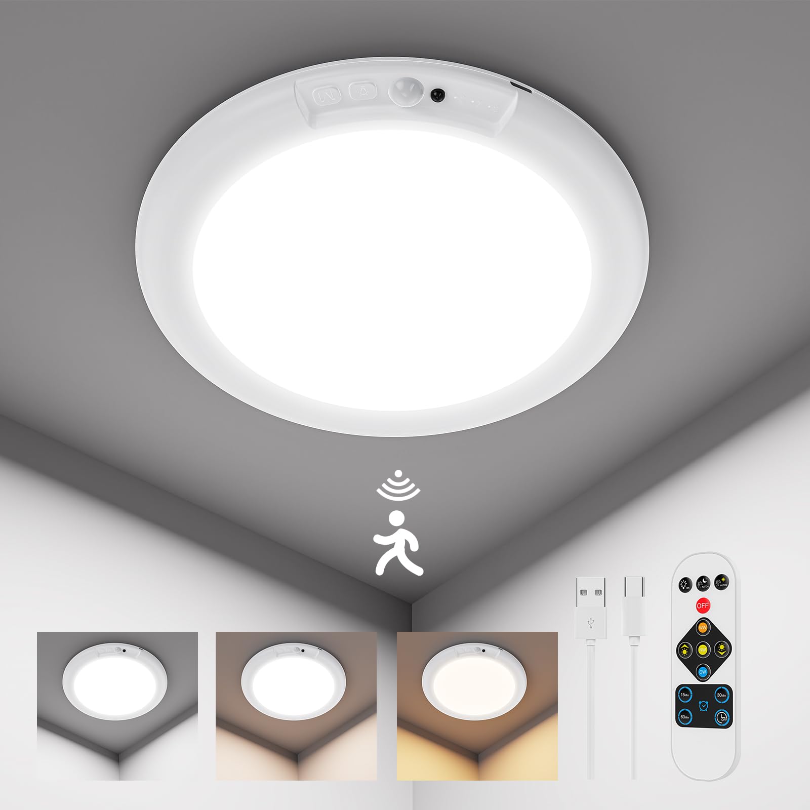 Huryee Magnetic Wireless Ceiling Lights, Battery Operated Ceiling Light Wiht Remote, Rechargeable Motion Sensor Closet Light For
