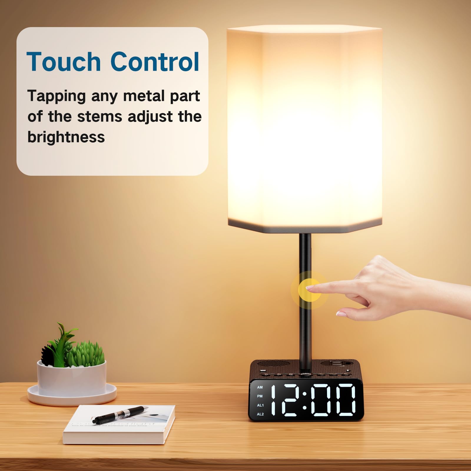 Btu Table Lamp With Usb Ports And Ac Power Outlets, Bedside Lamp With Alarm Clock Base And Speaker, 6Ft Extension Cord, Hexagona