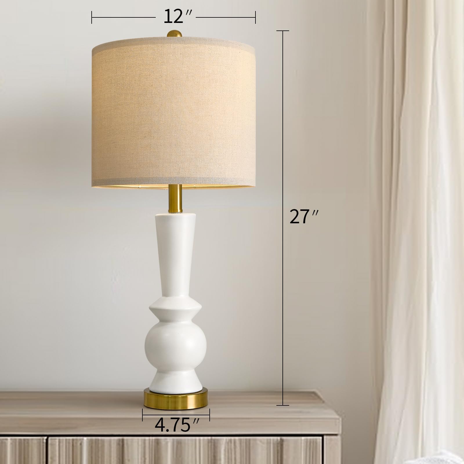 Portres 27'' Modern Ceramic Table Lamp Set Of 2 For Living Room White & Gold Bedside Lamps For Bedroom Nightstand Lamp Tall End