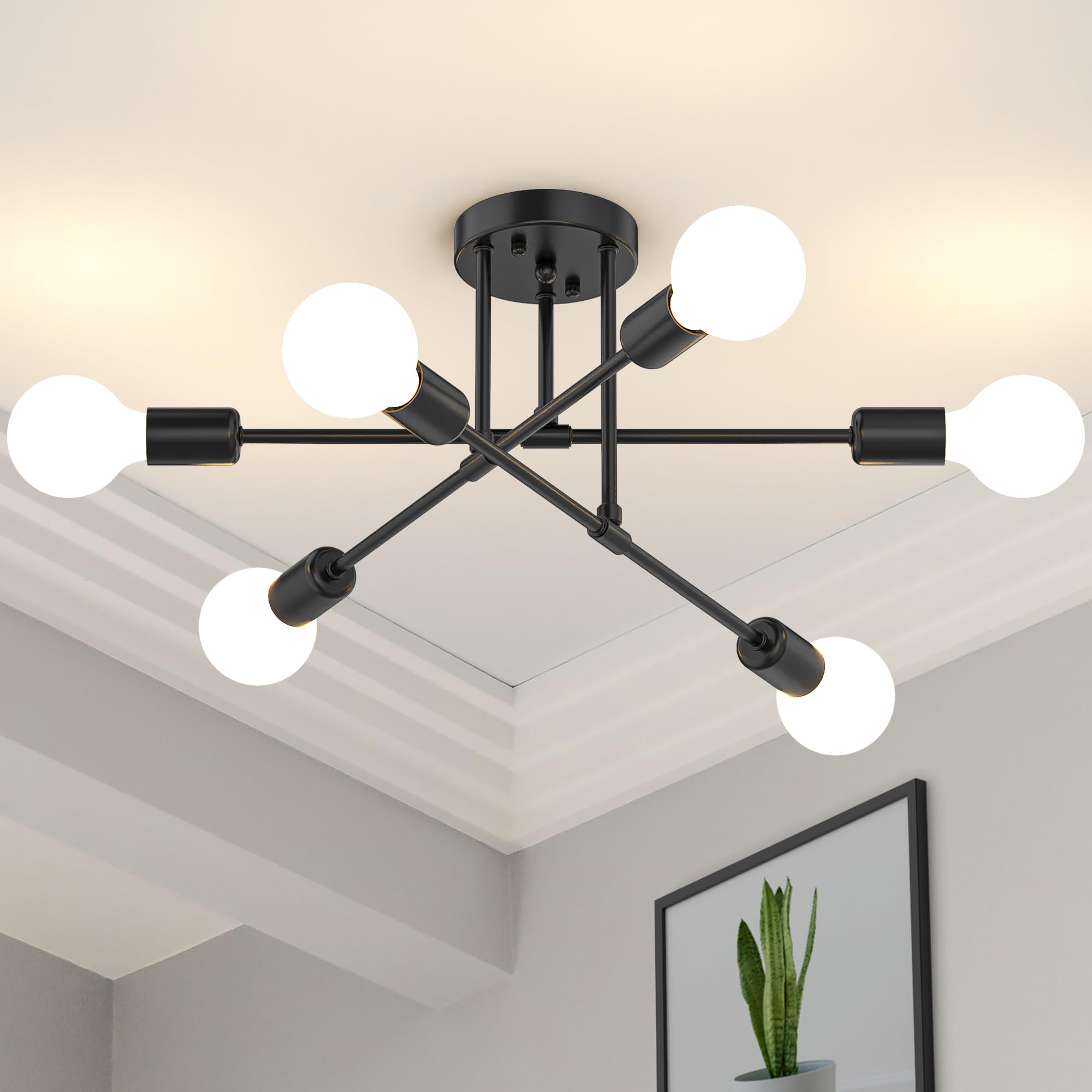 Phaosio Modern Sputnik Chandelier, 6-Light Semi Flush Mount, Matte Black, Model POSI01 for Dining Room, Bedroom, Living Room