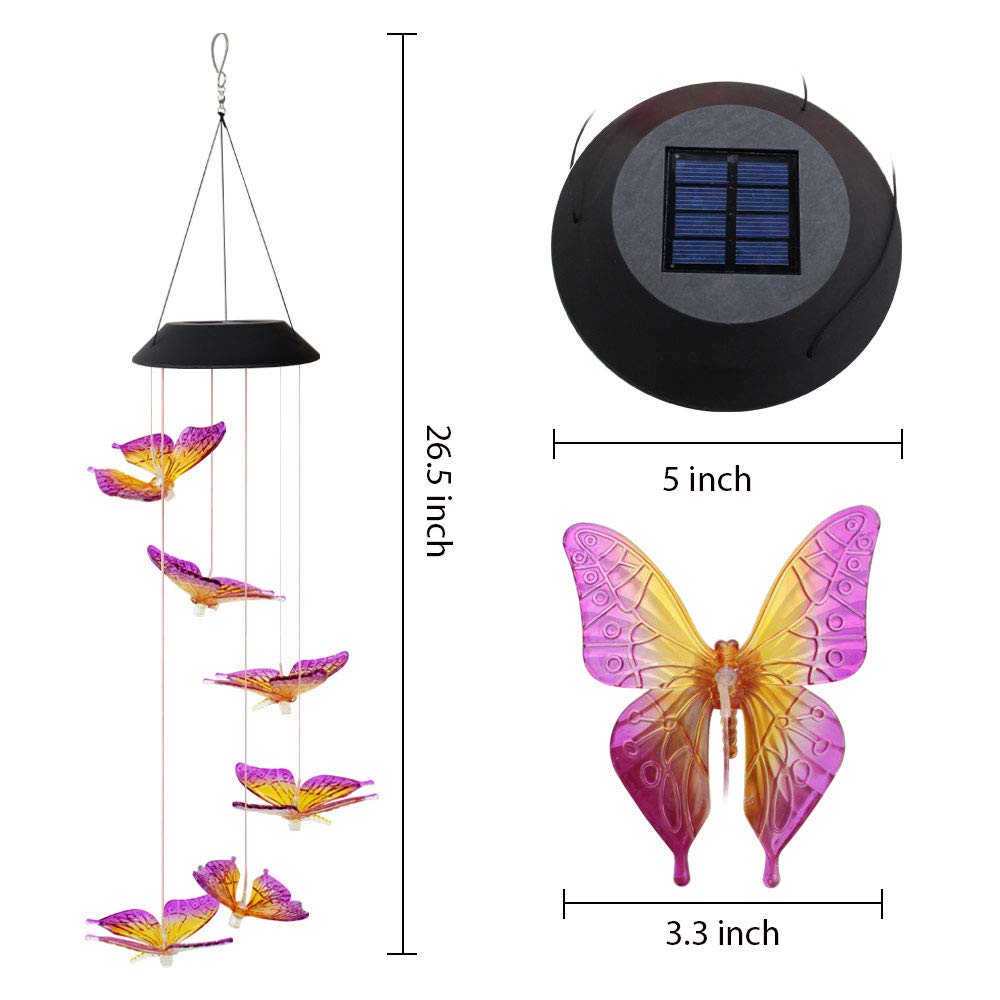 EpicGadget Solar Butterfly Wind Chime, Color Changing, Plastic, 25x5x5 inches, Purple