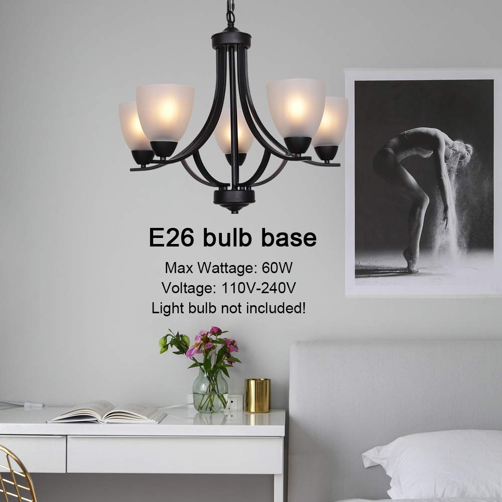VINLUZ 5 Light Contemporary Chandelier, Black Metal, Alabaster Glass, Model 355-5-11, Ideal for Dining Room and Living Spaces
