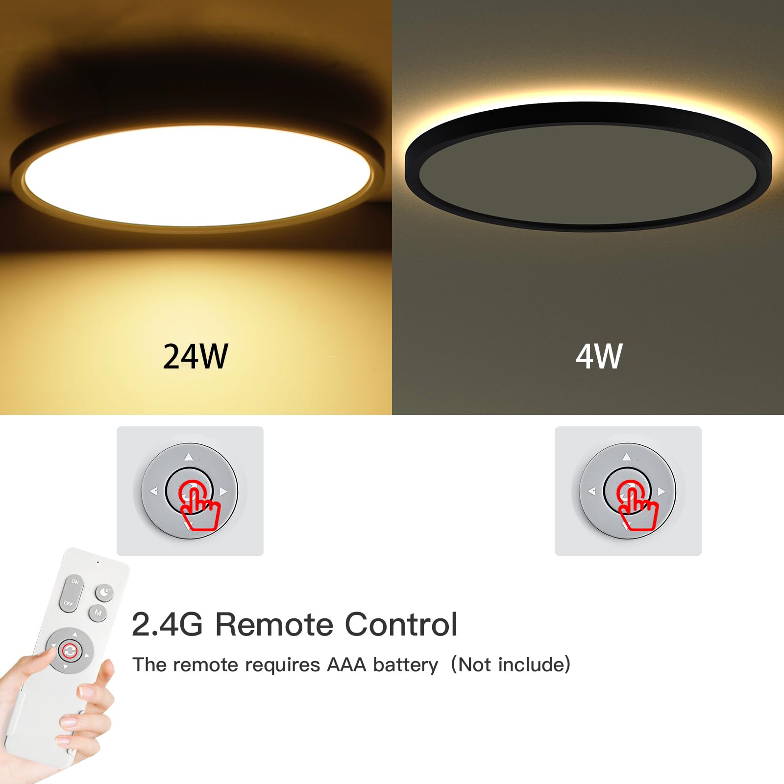 Roomratv Black Ceiling Light Fixture With Remote Control, With 3000K Warm Nightlight, 12Inch 24W Flush Mount Ceiling Light, 3 Li