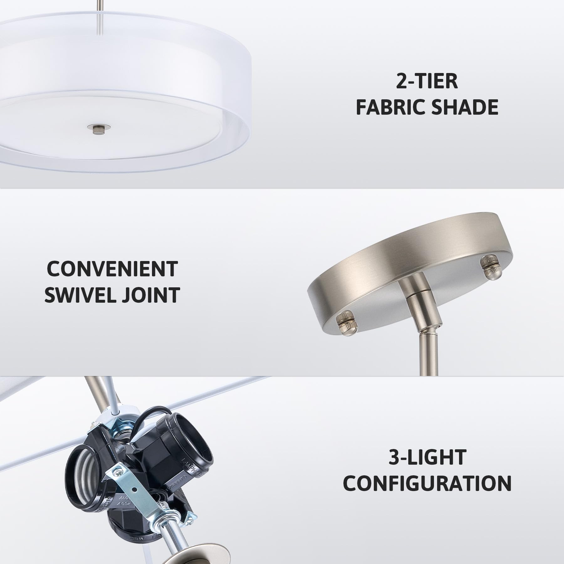 VONLUCE 3-Light Drum Chandelier, 20in Pendant Light Fixture, Fabric Shade, Brushed Nickel, Model HCF-1310-BZ