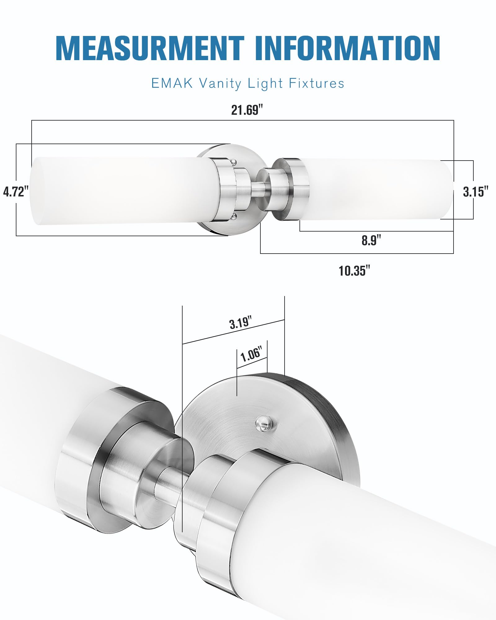Emak 2-Light Bathroom Vanity Light Fixtures, 22" Brushed Nickel & Milk Glass, Model VL085-BN-ML-2, Ideal for Indoor Use