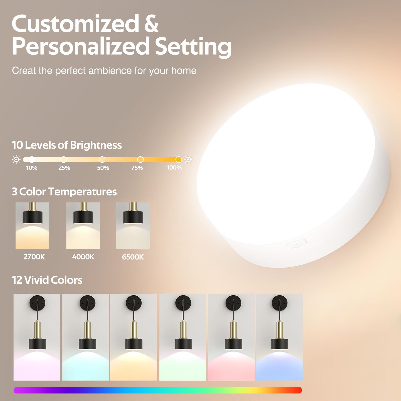 Battery Operated Wall Sconce Set of 2, High Brightness 5000mAh Rechargeable Wall Lamp 3 Color Temperature Dimmable RGB Indoor Wa