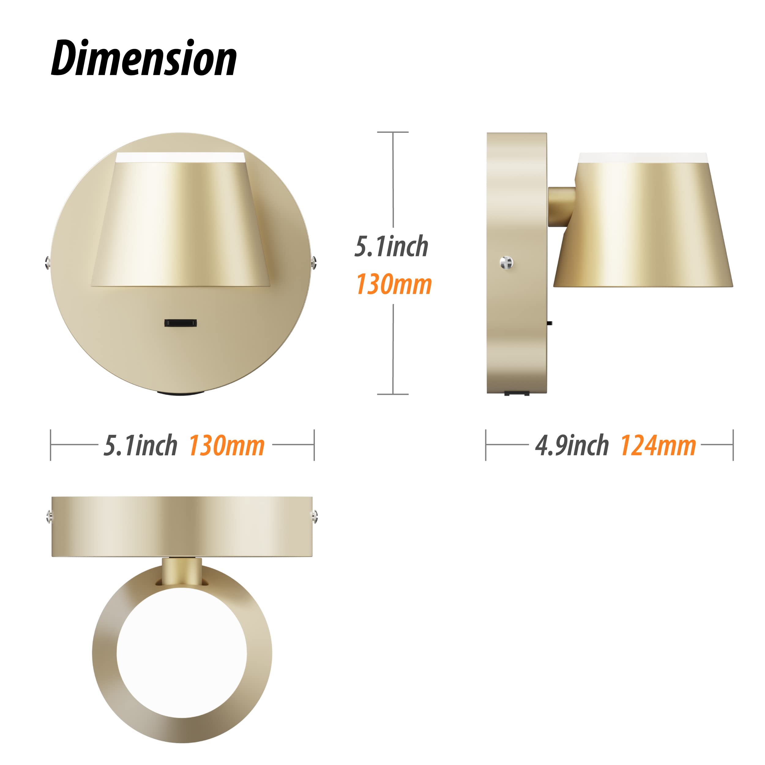 URSOLA LED Wall Sconce with On/Off Switch, USB Charging Port, 1 PC Hardwired, Metal, Champaign, Model 7540-1T