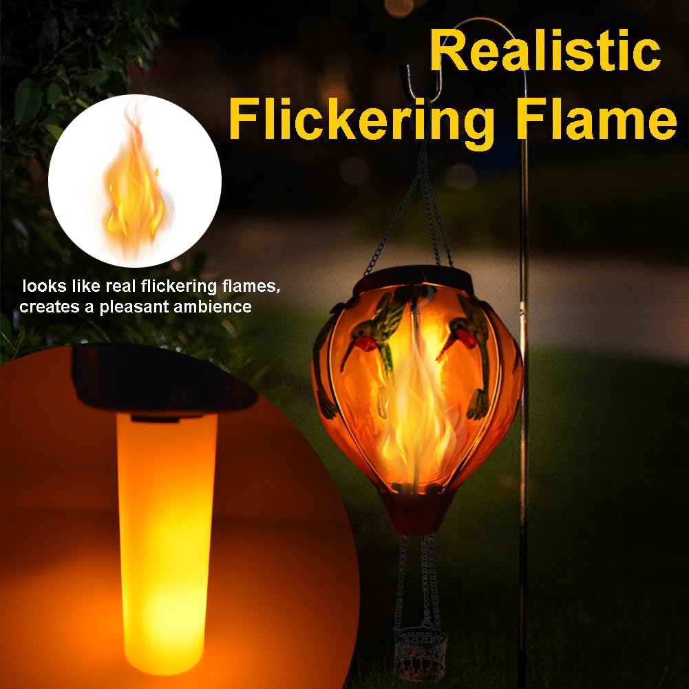 teyigarden Hot Air Balloon Solar Lantern, Flickering Flame, Glass, 18in H ? 5.5in W, Hummingbird, Model SL-6069082024