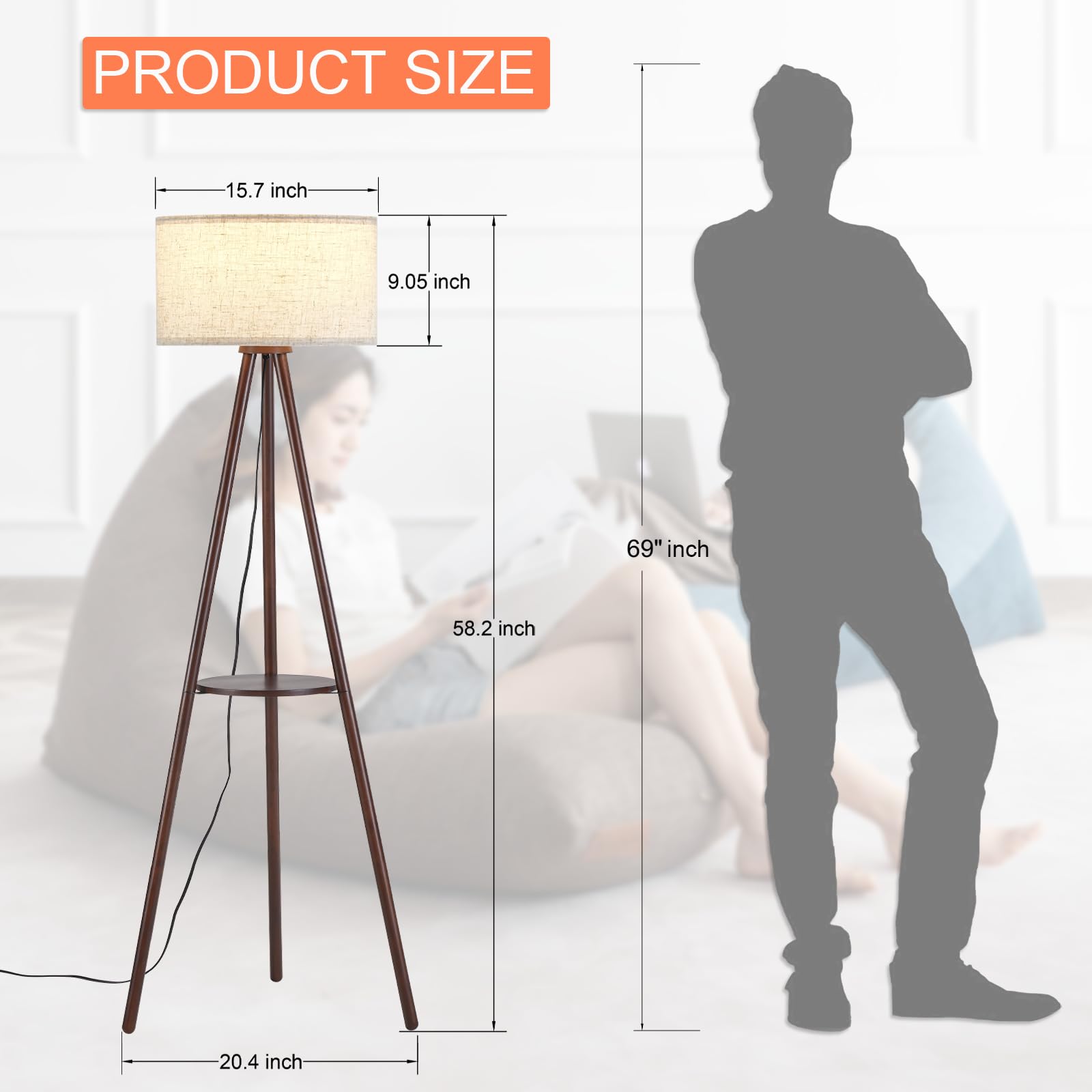 Baobab Tree Park Wood Tripod Floor Lamp For Living Room, 3 Color Temparature Led Bulb Included, Mid Century Modern Wooden Shelf