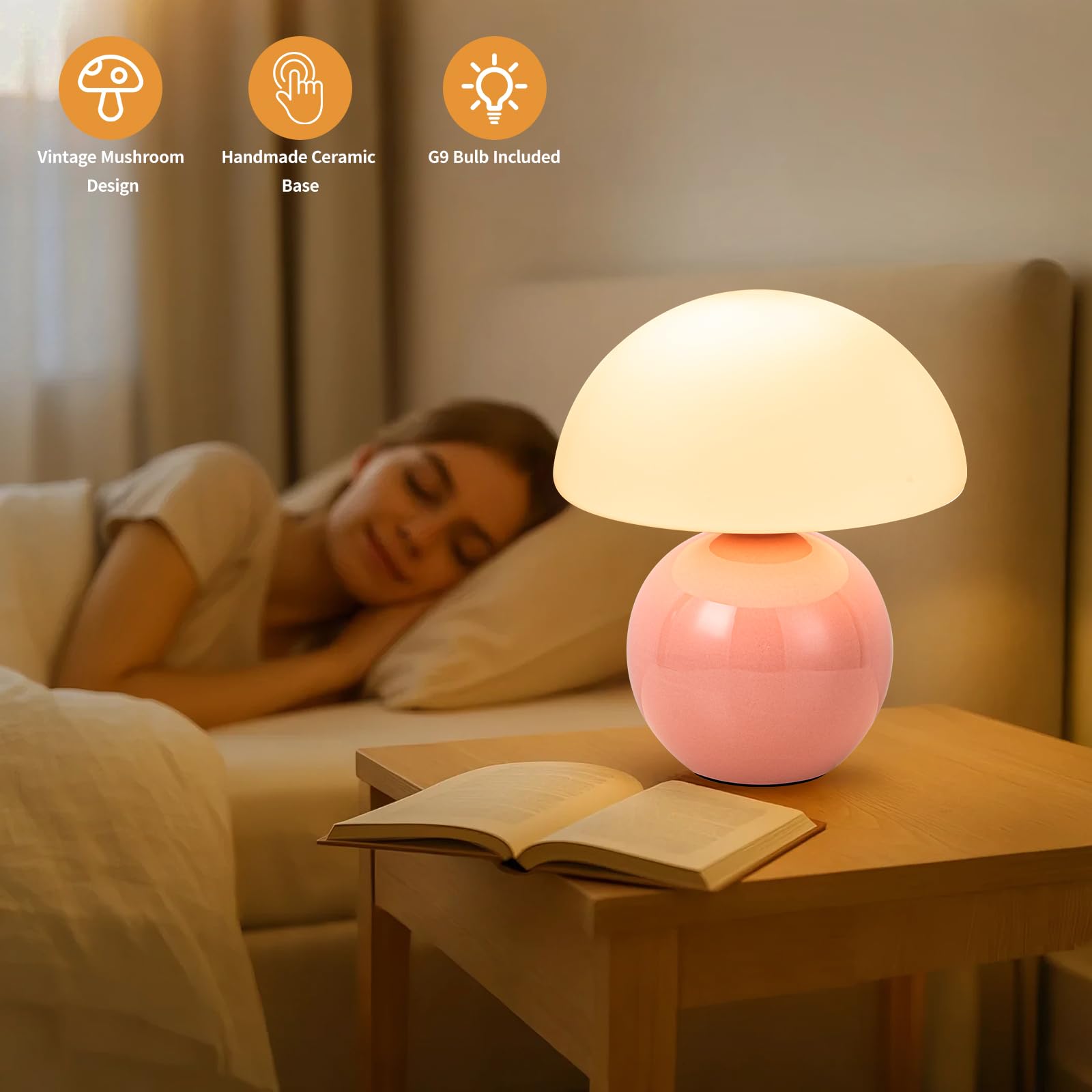 Adebime Ceramic Base Table Lamp with Milky White Glass Shade, Vintage Dimmable Design, Pink, Model HQ-74018-1T-PK