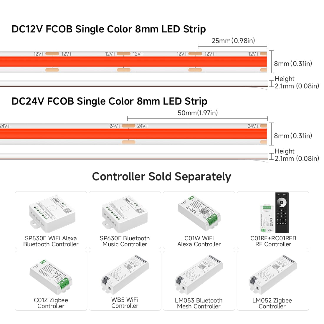 Btf-Lighting Fcob Ip65 Red Color Cob Led Strip 16.4Ft Dc24V 480Led/M 8Mm Width Flexible High Density Cri 90+ Dimmable Led Light For Home Indoor Decor(No Controller Or Adapter)