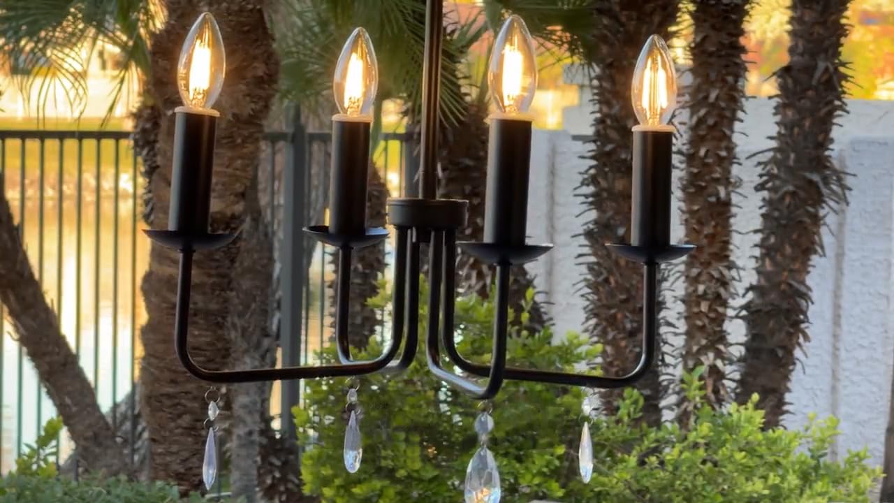 Brink House 4 Light Plug-in Chandelier, Stainless Steel, Straight Black, H19”xW17”, Low Voltage, IP65 Water Resistant